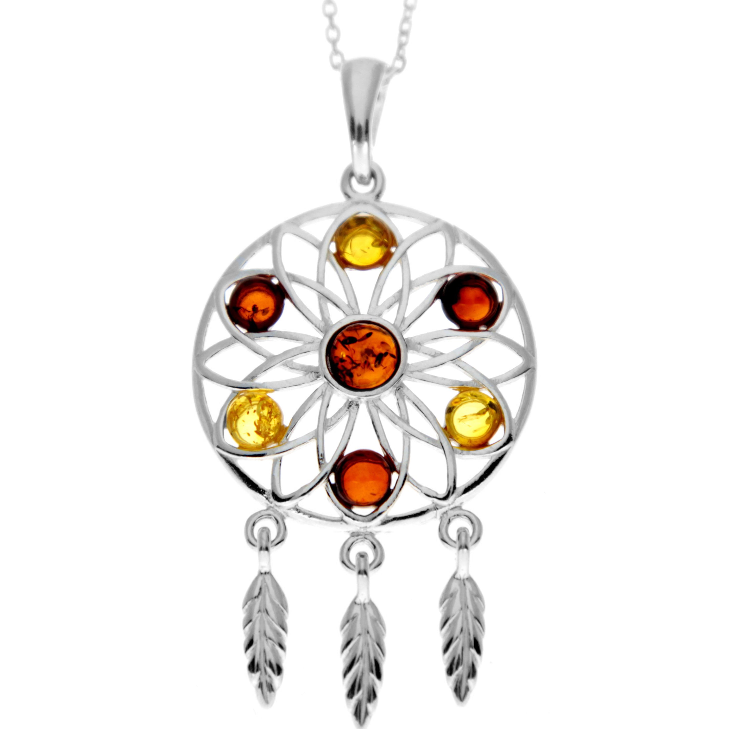 925 Steling Silver & Genuine Baltic Amber Large Dream Catcher Pendant - GL368