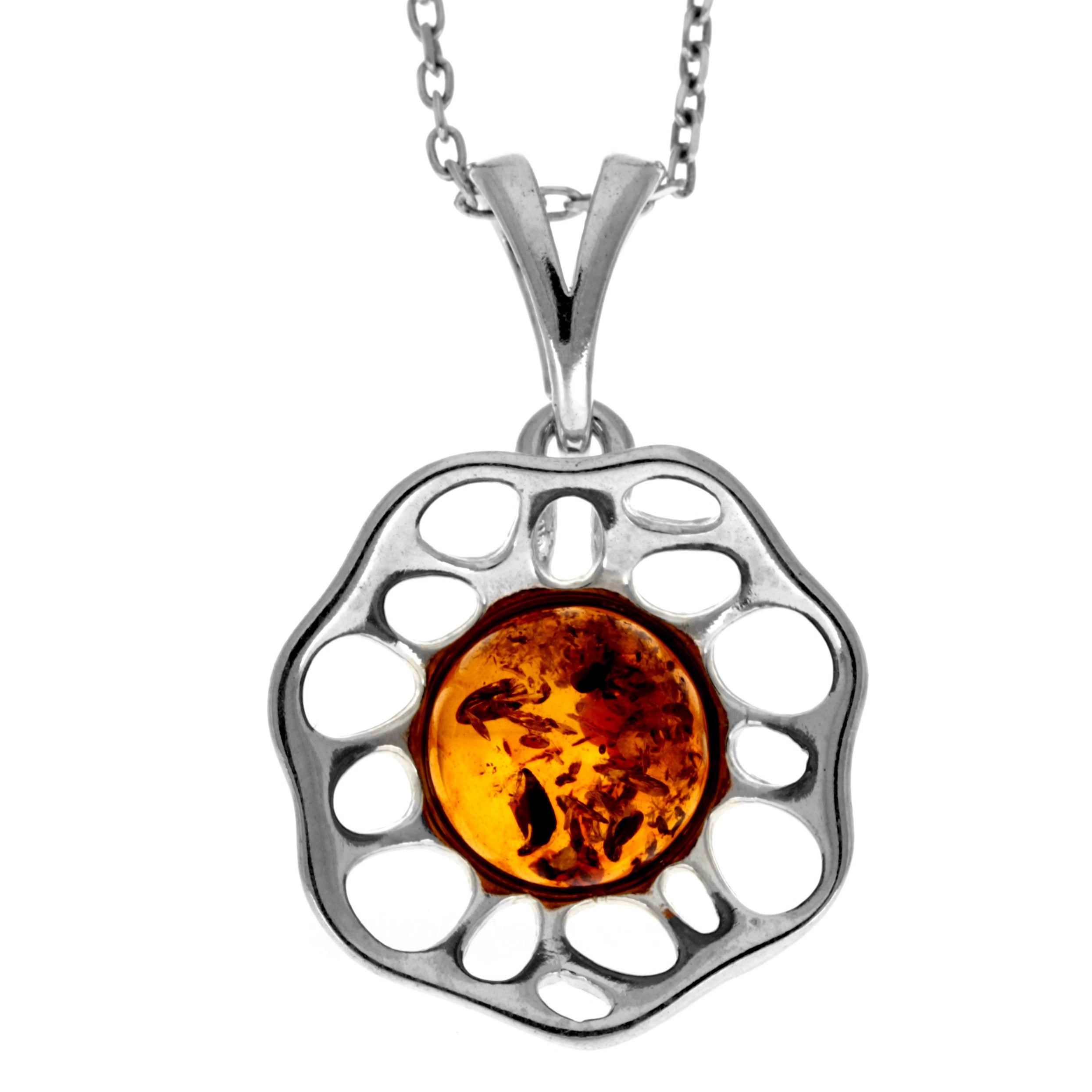 925 Sterling Silver & Genuine Baltic Amber Modern Flower Pendant  GL371