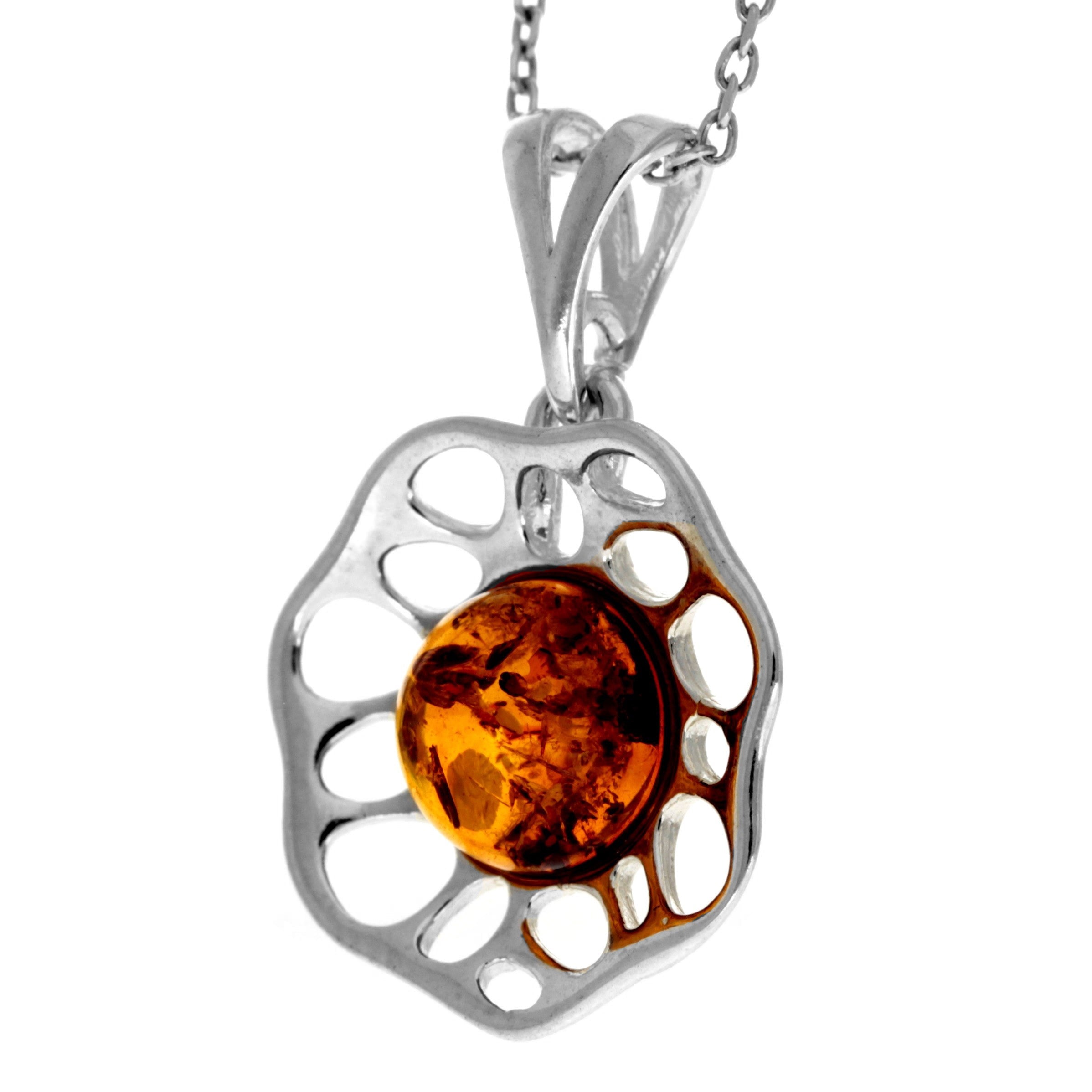 925 Sterling Silver & Genuine Baltic Amber Modern Flower Pendant  GL371