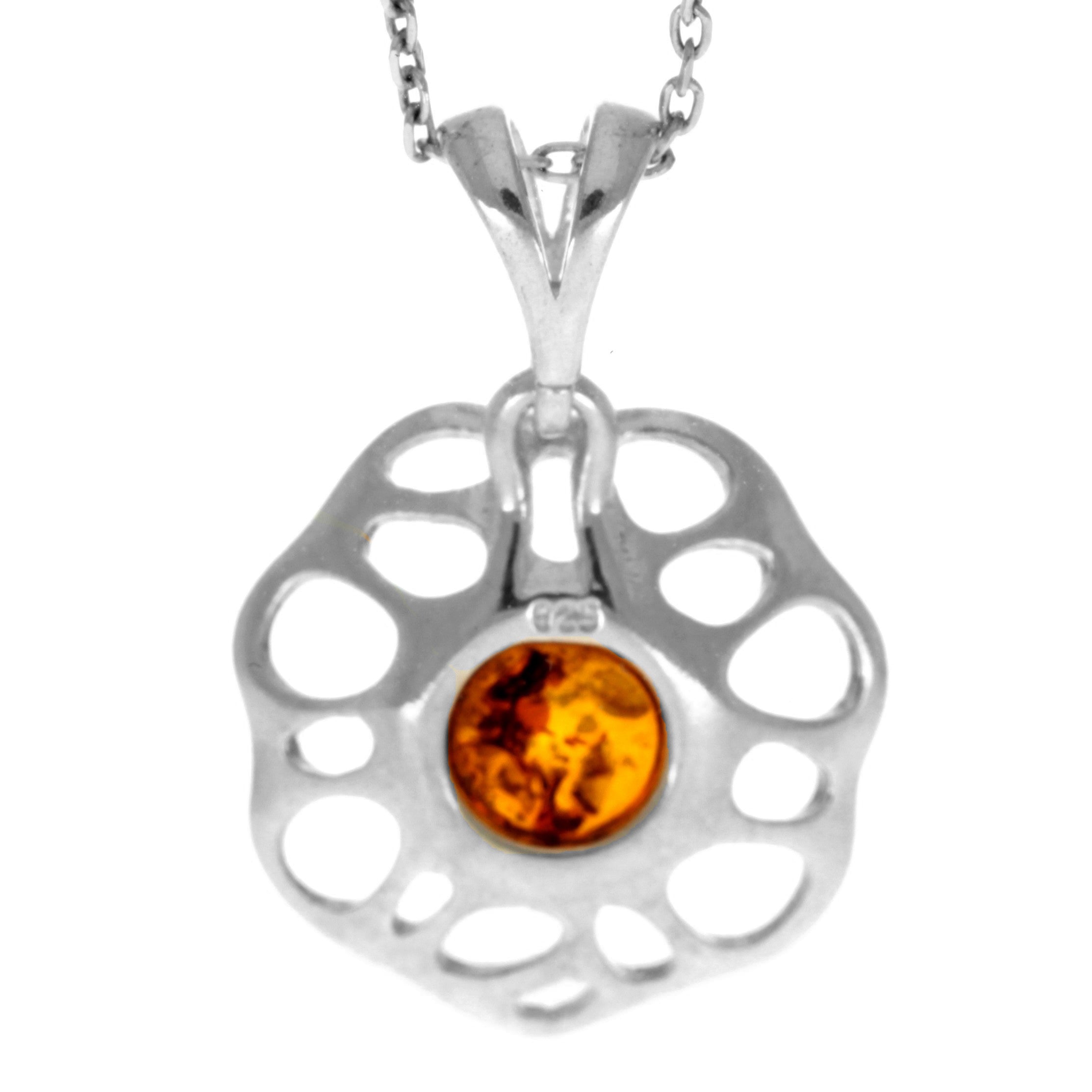 925 Sterling Silver & Genuine Baltic Amber Modern Flower Pendant  GL371