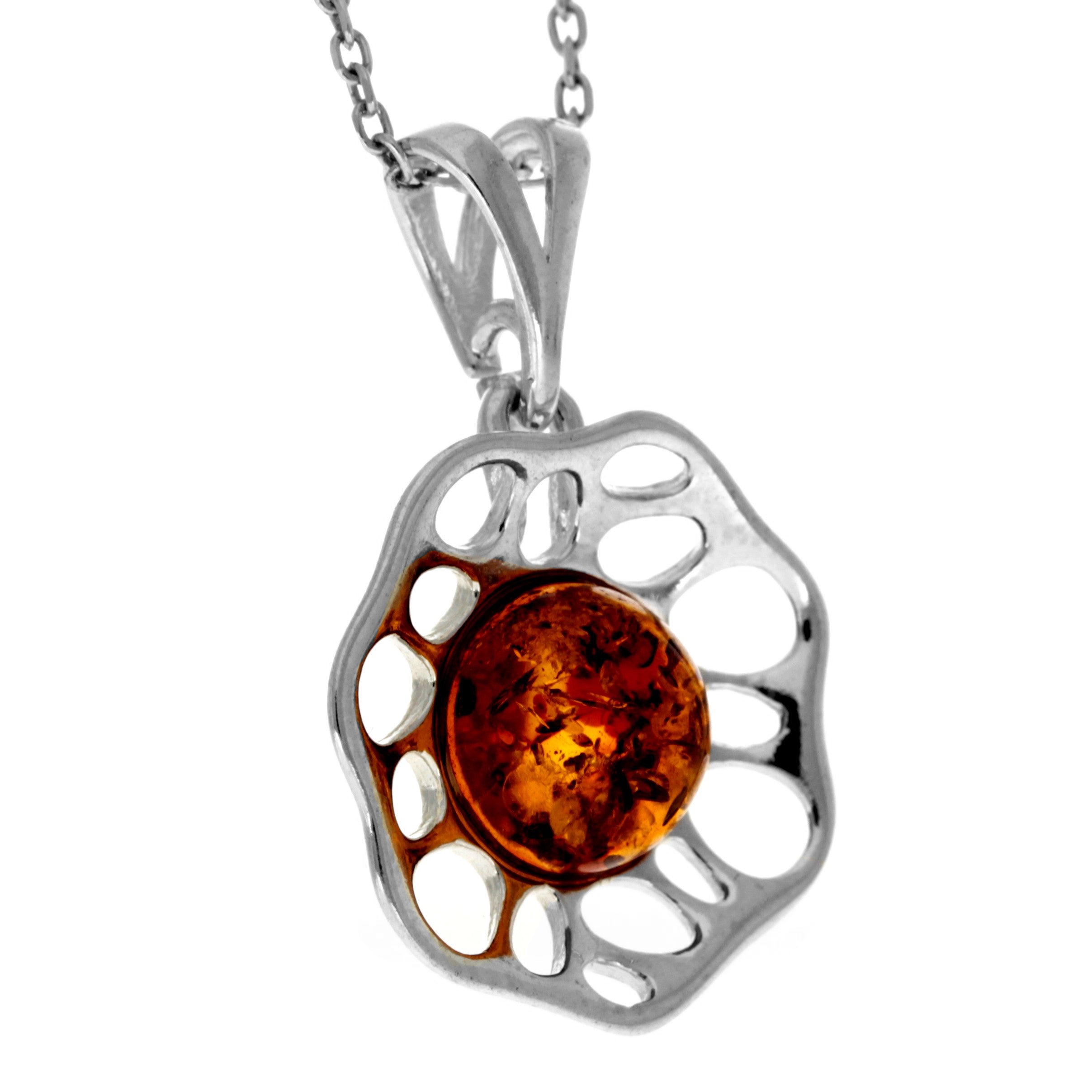 925 Sterling Silver & Genuine Baltic Amber Modern Flower Pendant  GL371