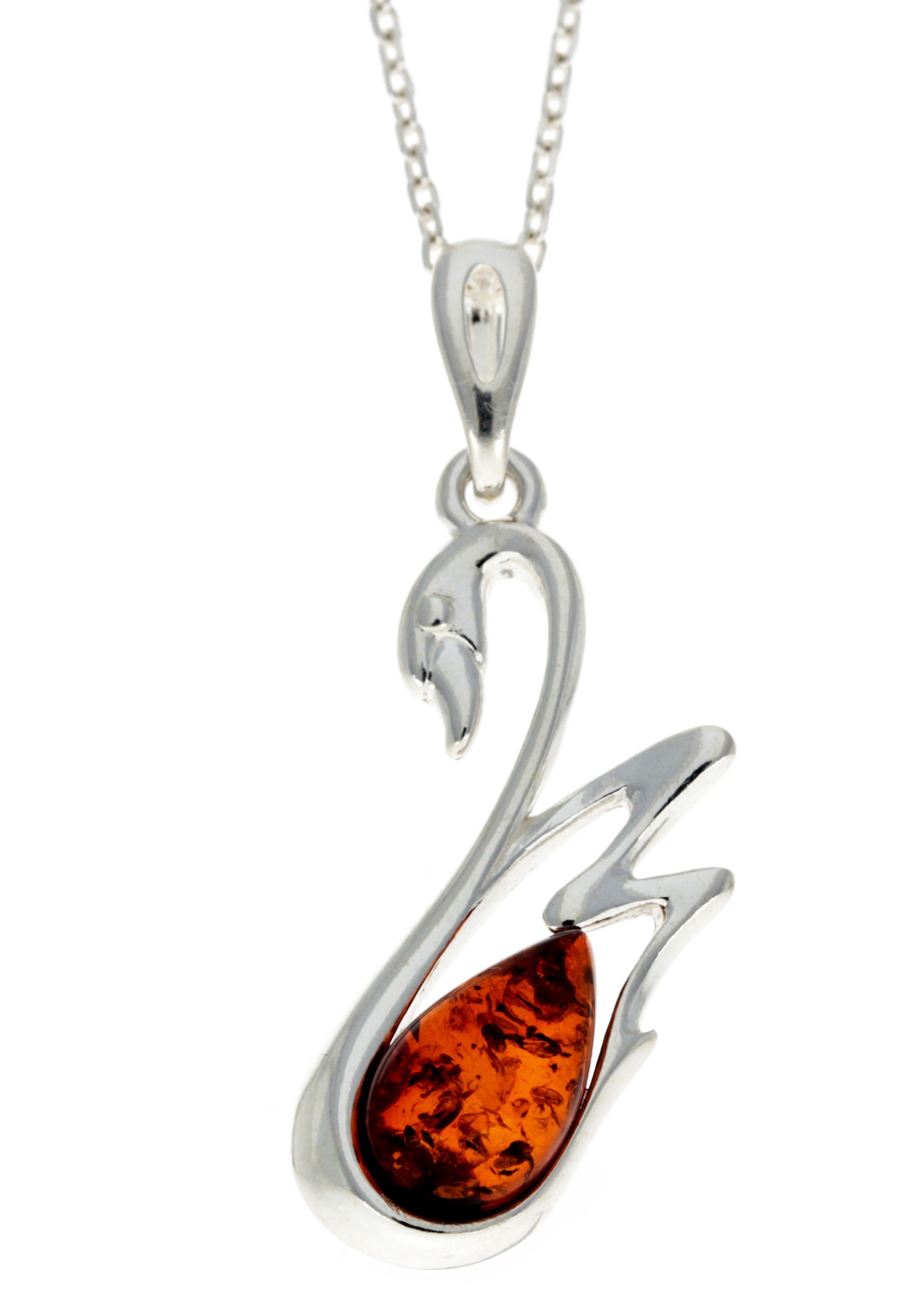 925 Sterling Silver & Genuine Baltic Amber Swan Pendant - GL378