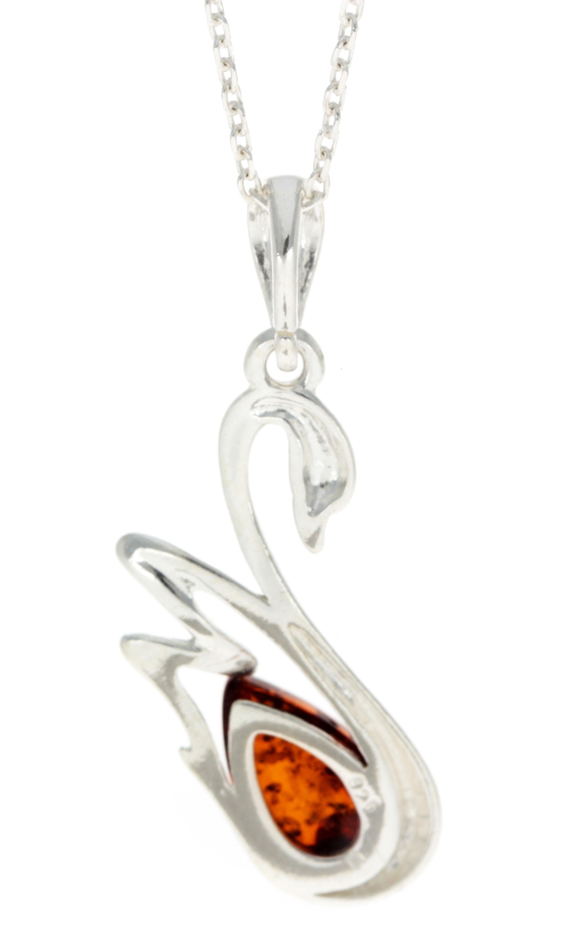 925 Sterling Silver & Genuine Baltic Amber Swan Pendant - GL378