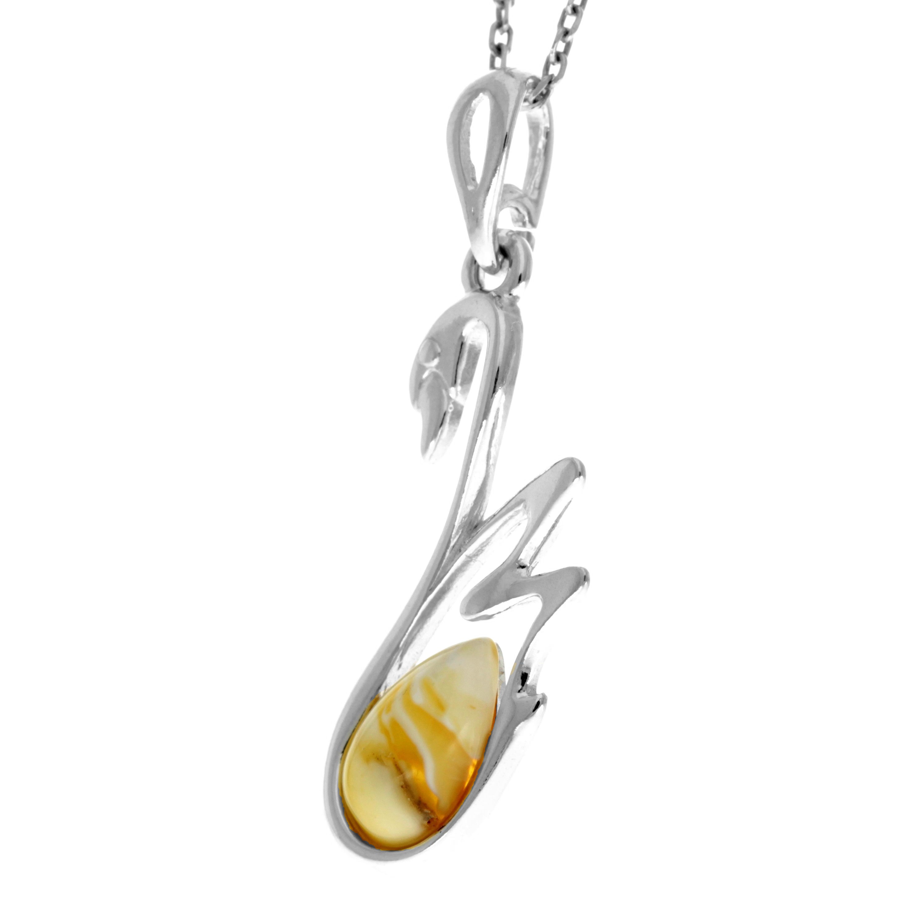 925 Sterling Silver & Genuine Baltic Amber Swan Pendant - GL378