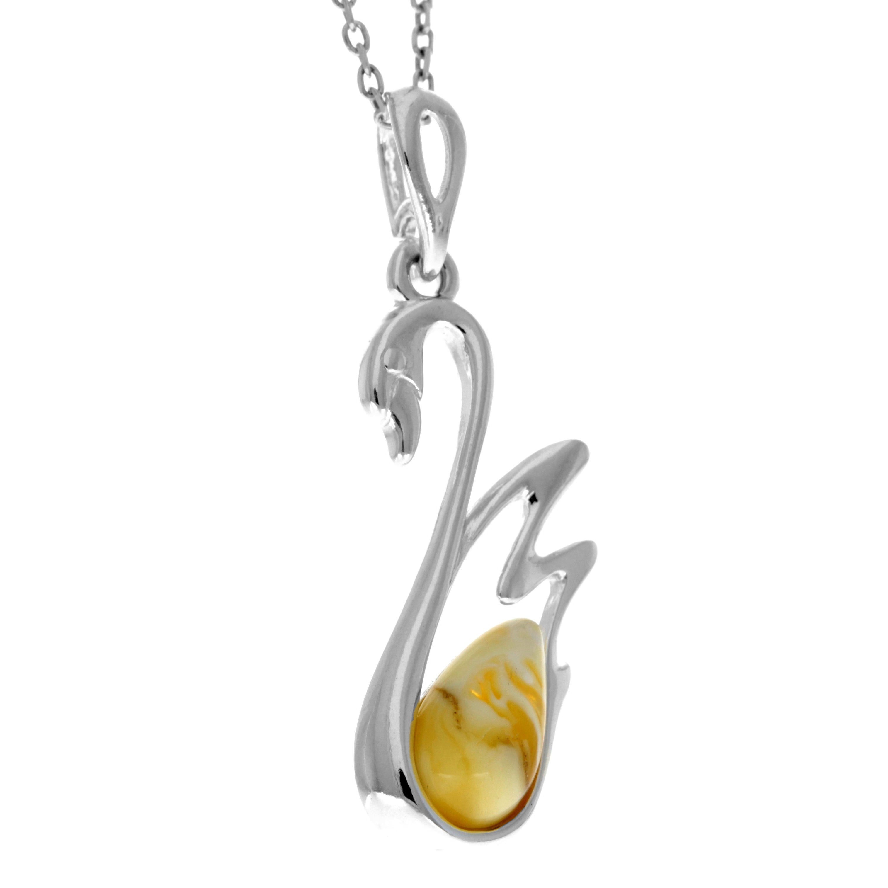 925 Sterling Silver & Genuine Baltic Amber Swan Pendant - GL378