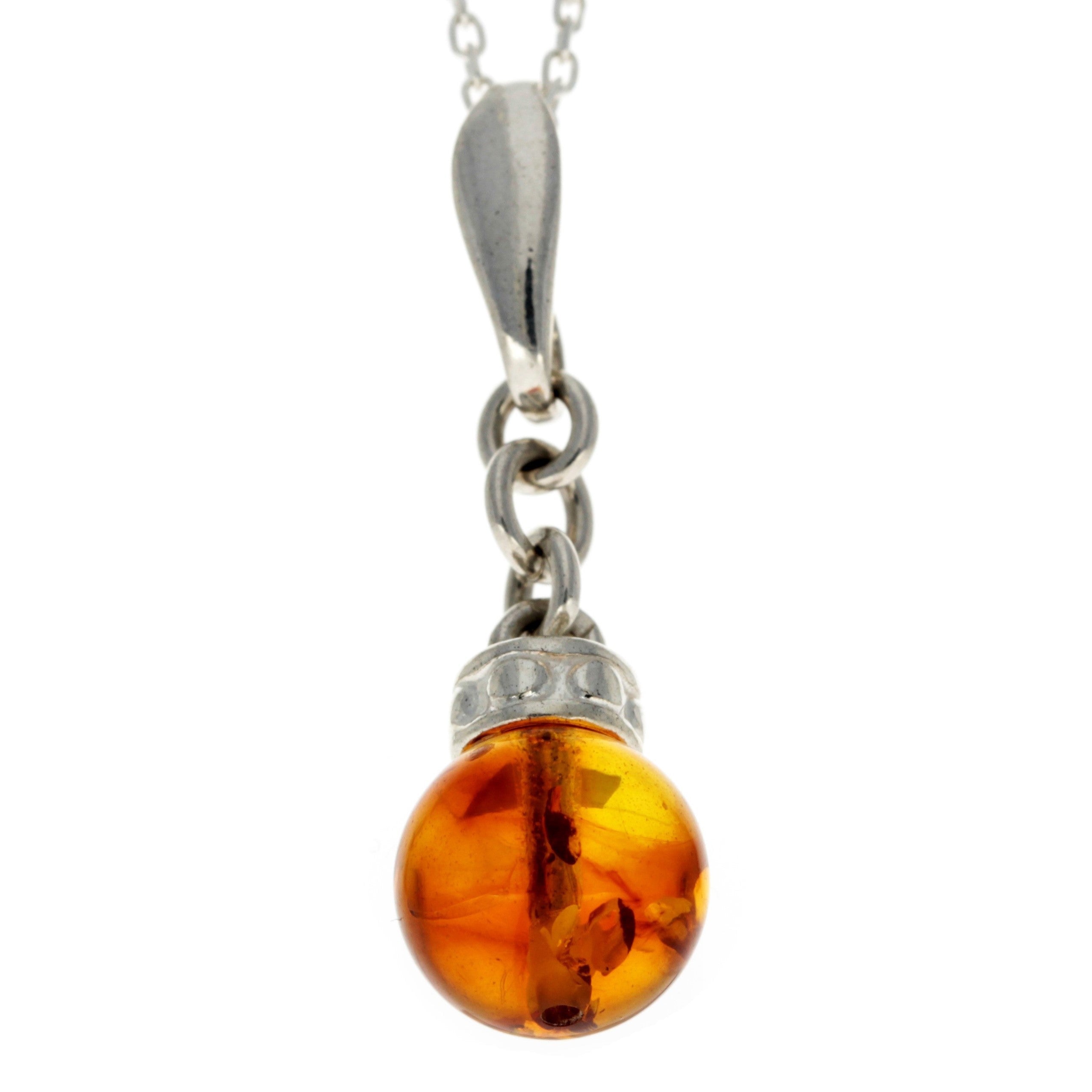 925 Sterling Silver & Genuine Baltic Amber Ball Modern Pendant - GL380