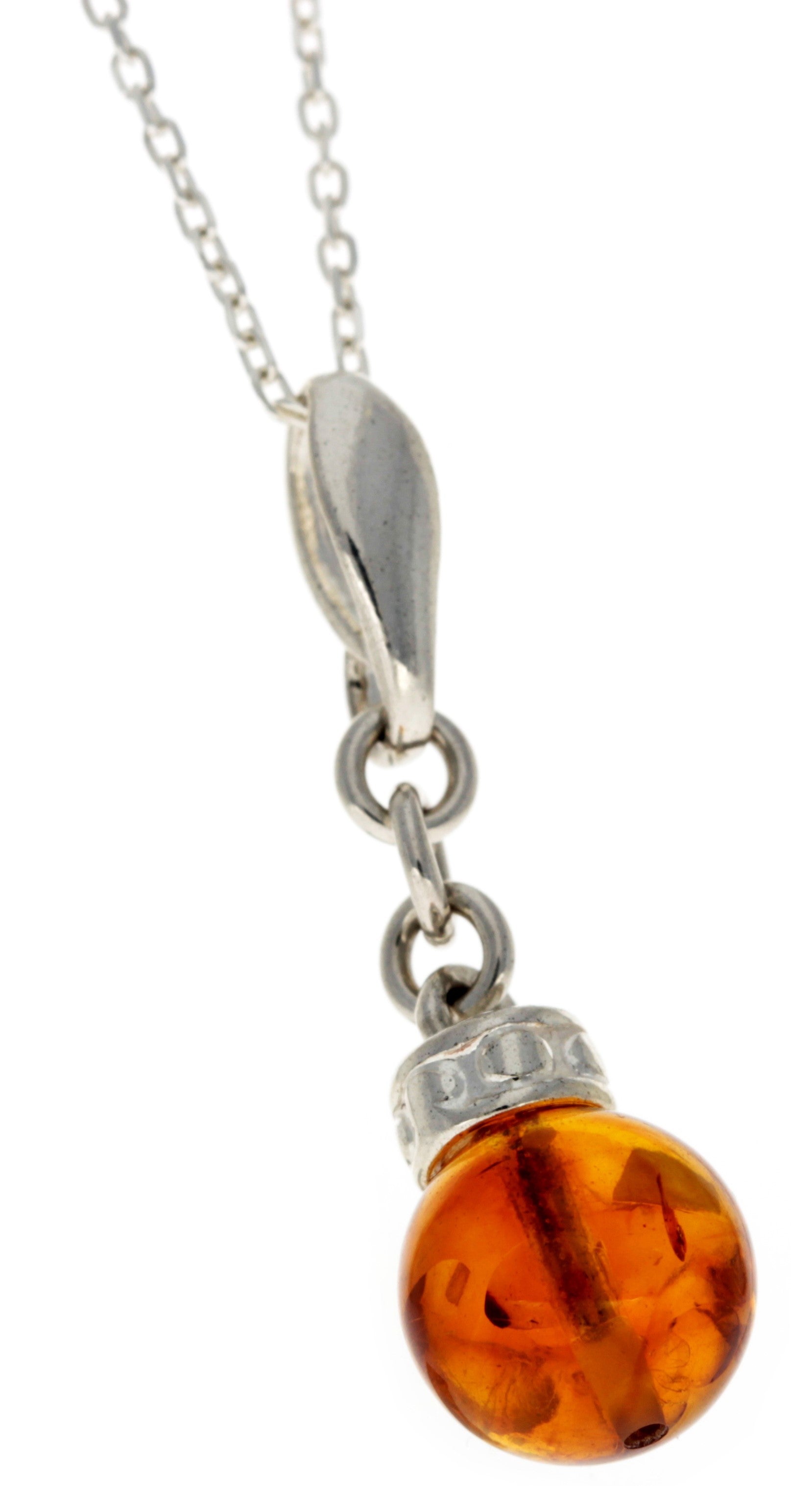 925 Sterling Silver & Genuine Baltic Amber Ball Modern Pendant - GL380