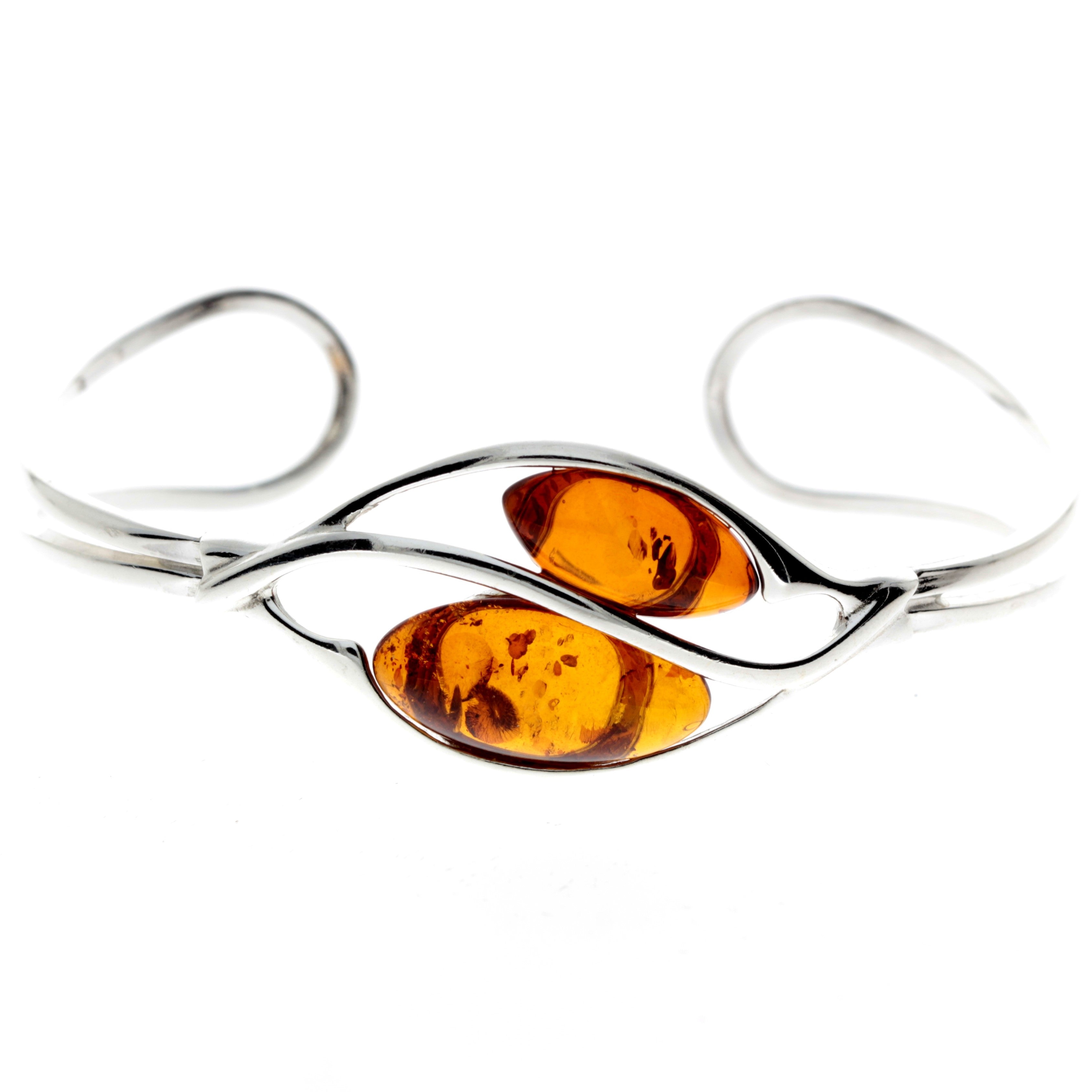 925 Sterling Silver & Baltic Amber Modern 2 Stones Solid Bangle - GL519