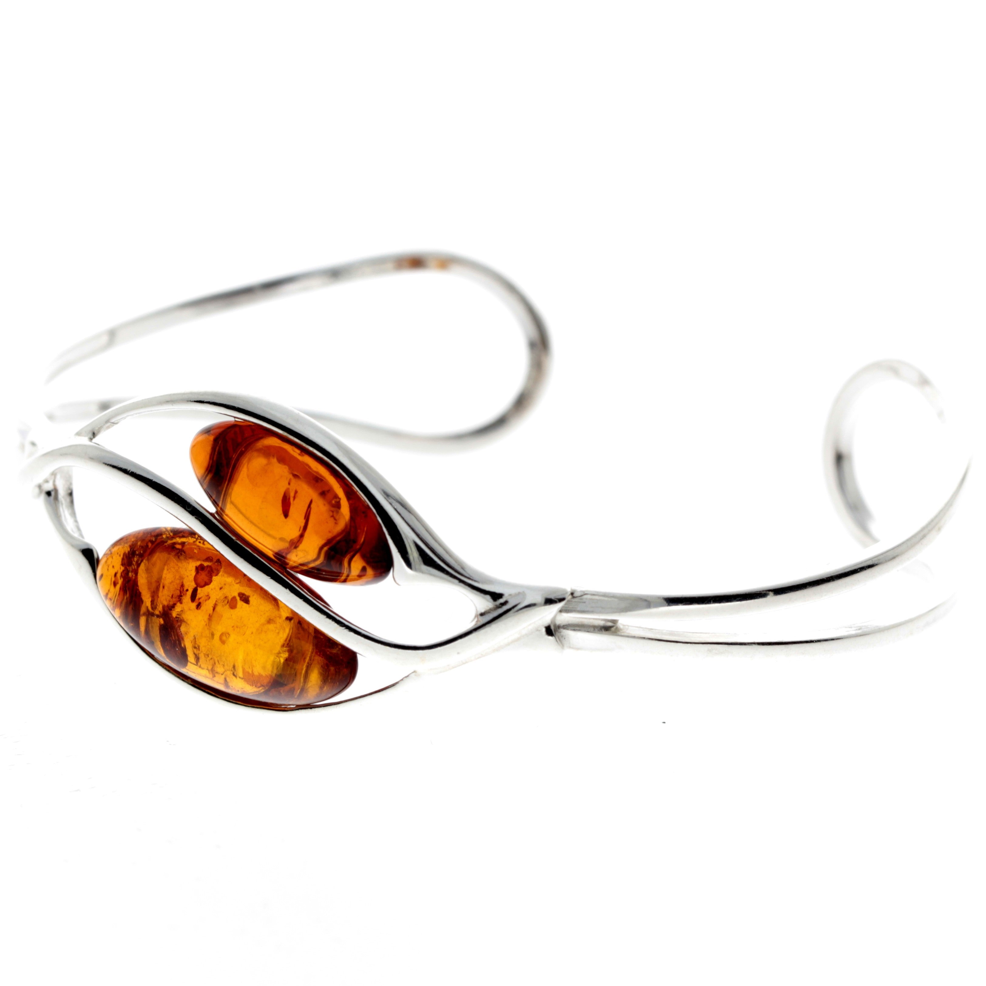 925 Sterling Silver & Baltic Amber Modern 2 Stones Solid Bangle - GL519