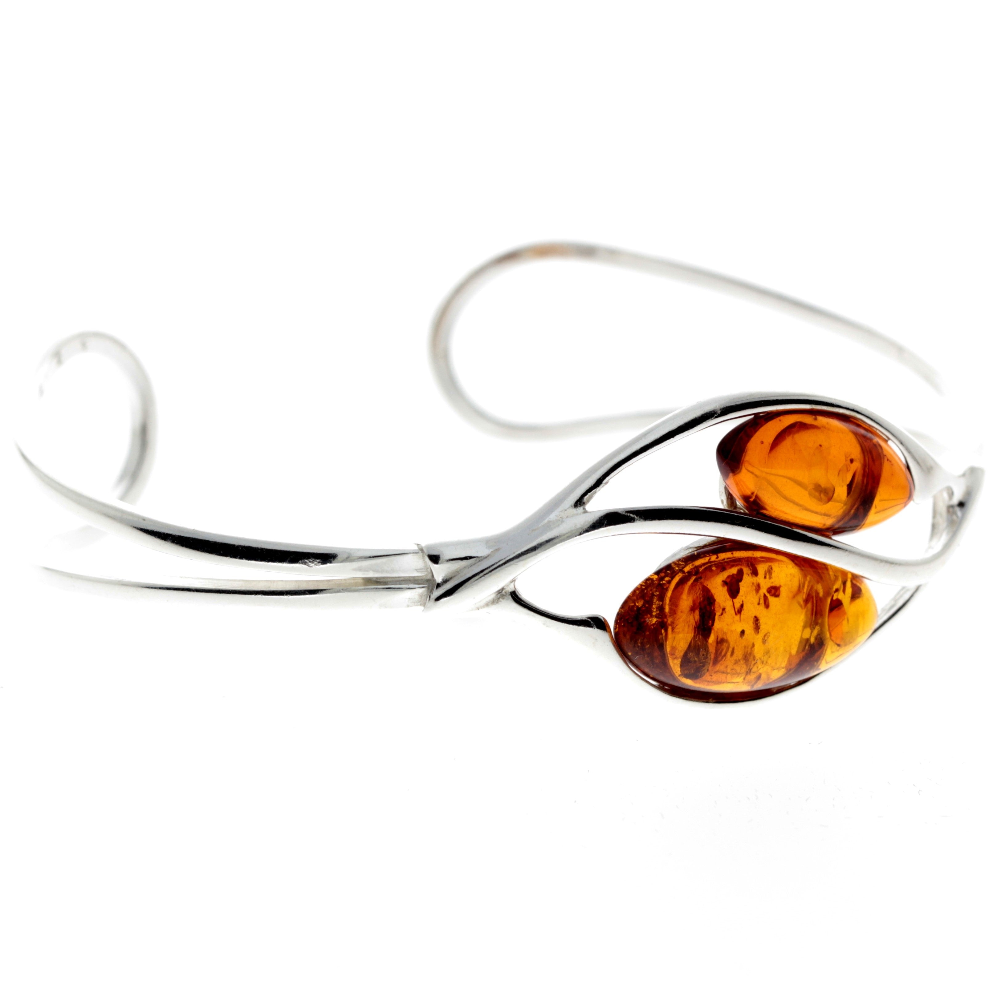 925 Sterling Silver & Baltic Amber Modern 2 Stones Solid Bangle - GL519