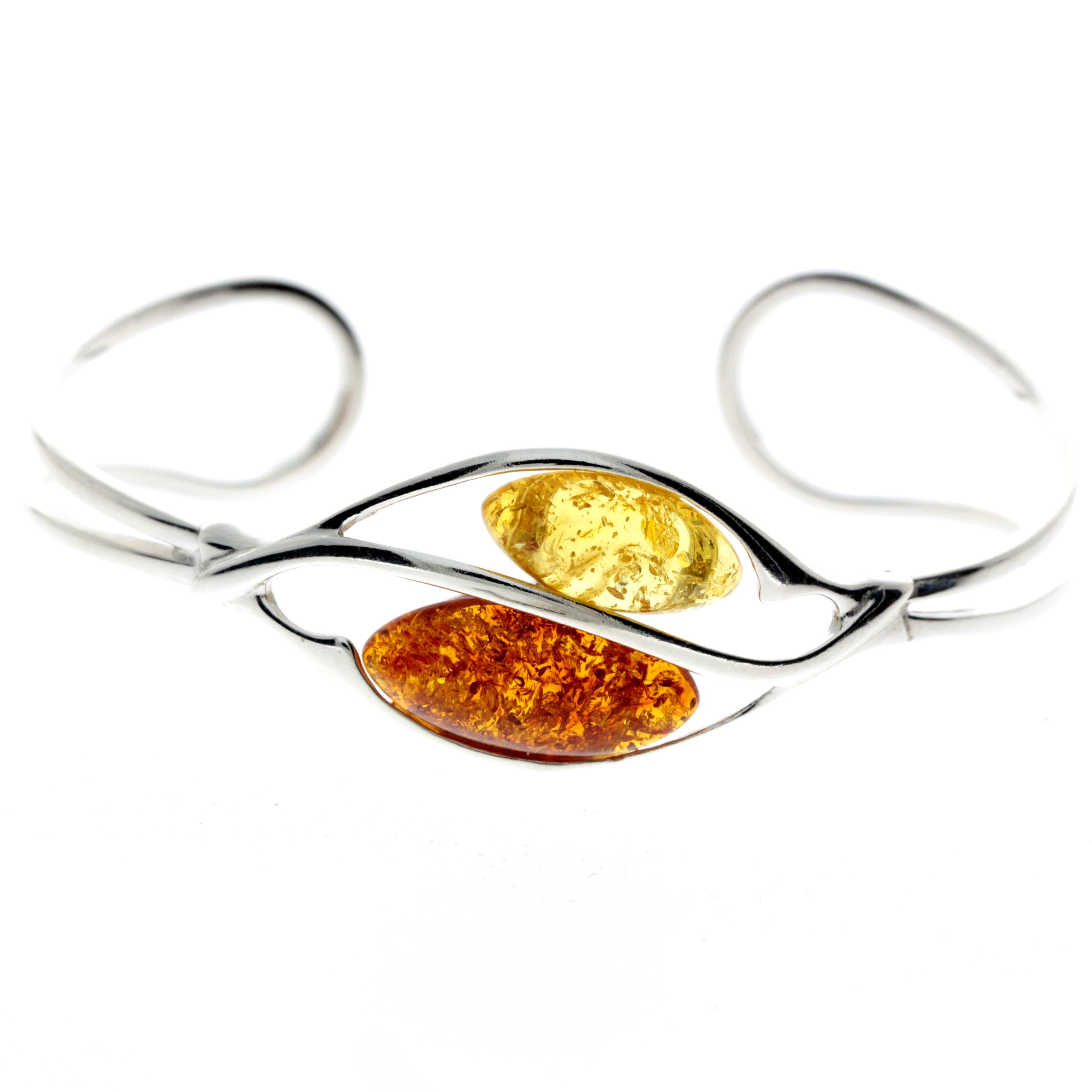 925 Sterling Silver & Baltic Amber Modern 2 Stones Solid Bangle - GL519