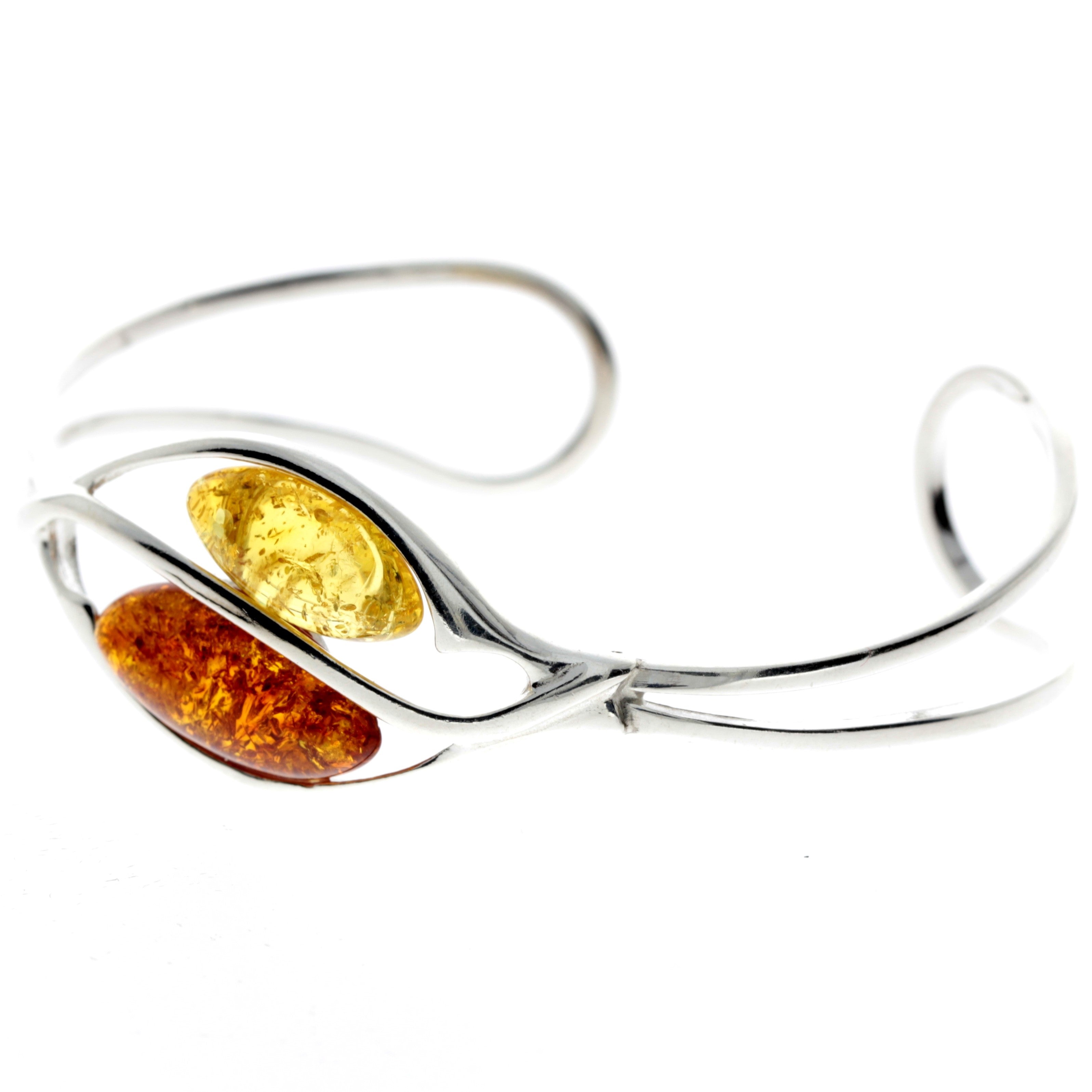 925 Sterling Silver & Baltic Amber Modern 2 Stones Solid Bangle - GL519