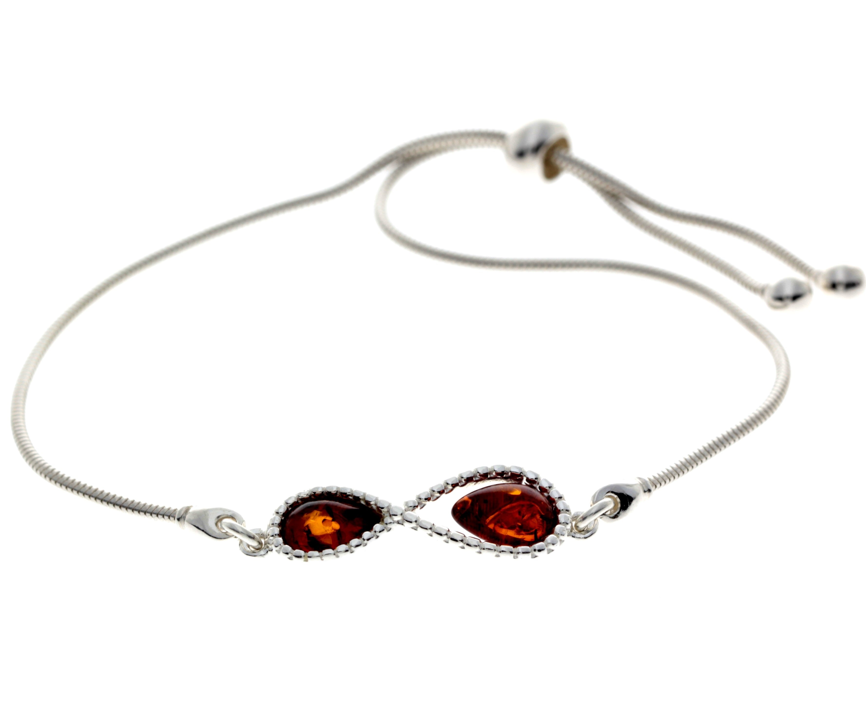 925 Sterling Silver & Genuine Baltic Amber Modern Infinity Adjustable Bracelet - GL542