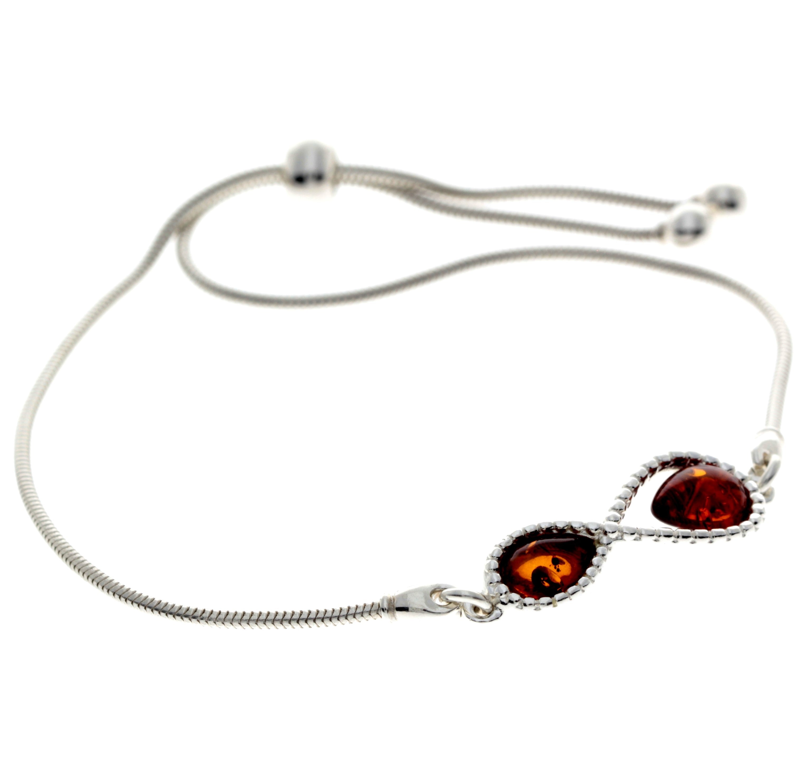 925 Sterling Silver & Genuine Baltic Amber Modern Infinity Adjustable Bracelet - GL542