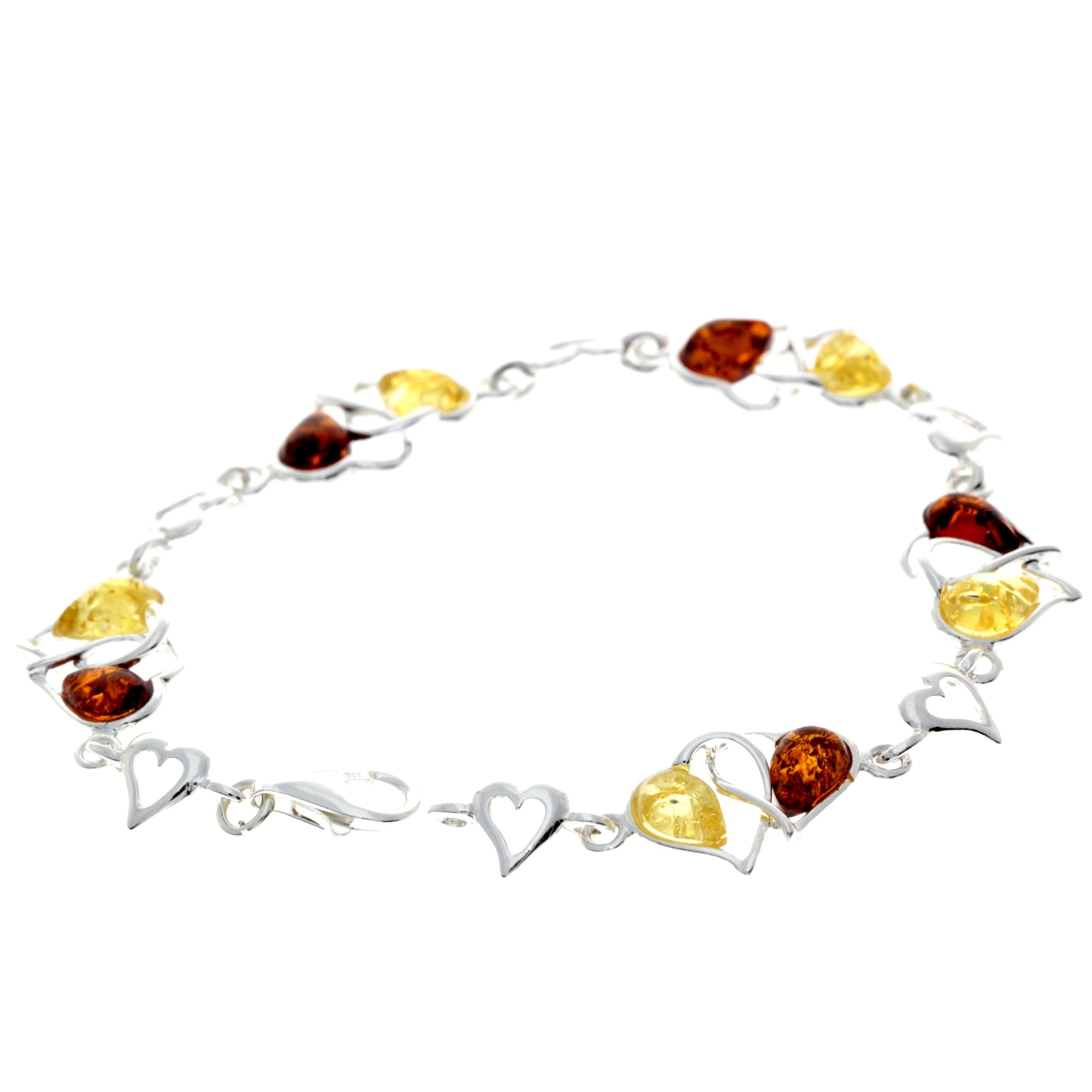 925 Sterling Silver & Genuine Baltic Amber Double Hearts Link Bracelet - GL550