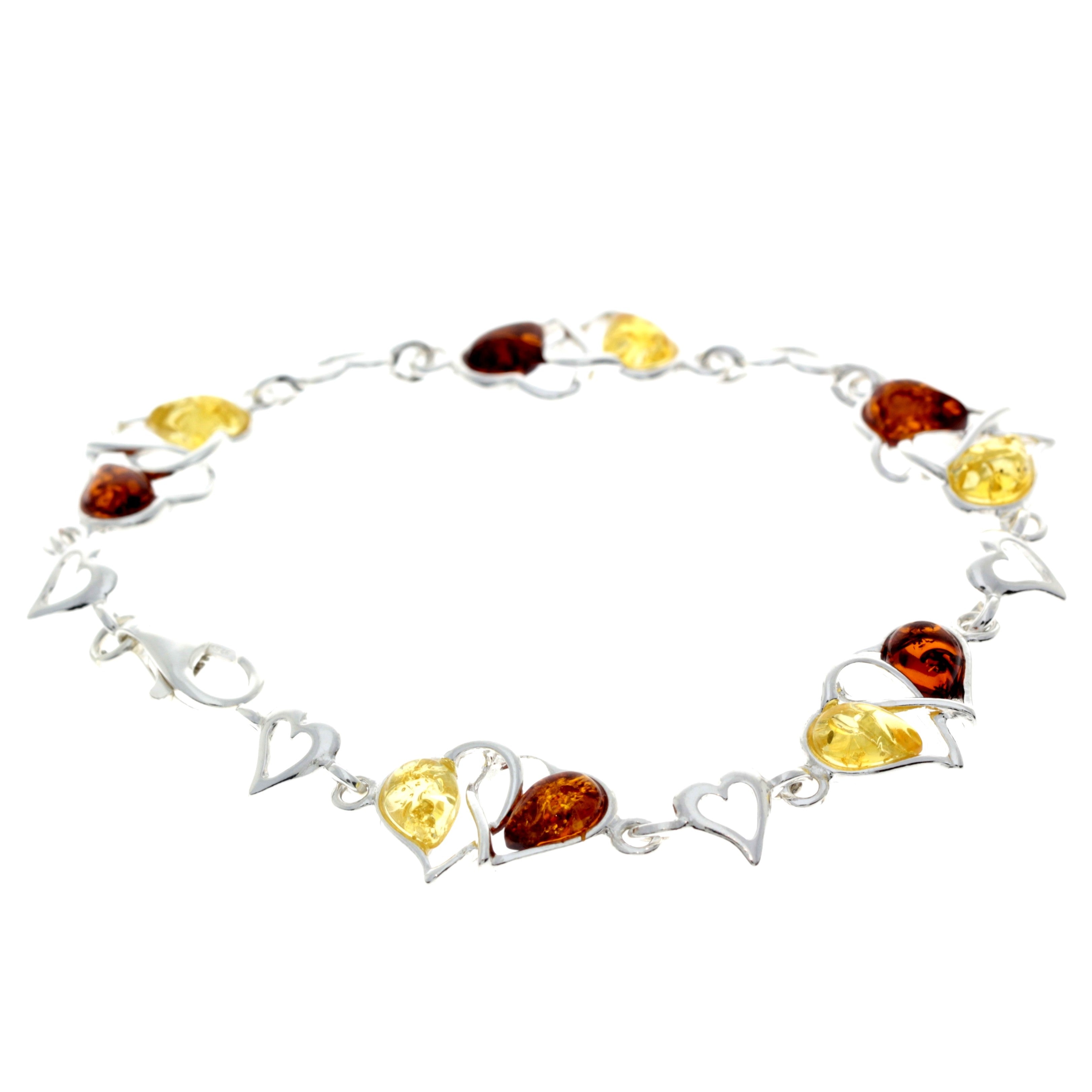 925 Sterling Silver & Genuine Baltic Amber Double Hearts Link Bracelet - GL550