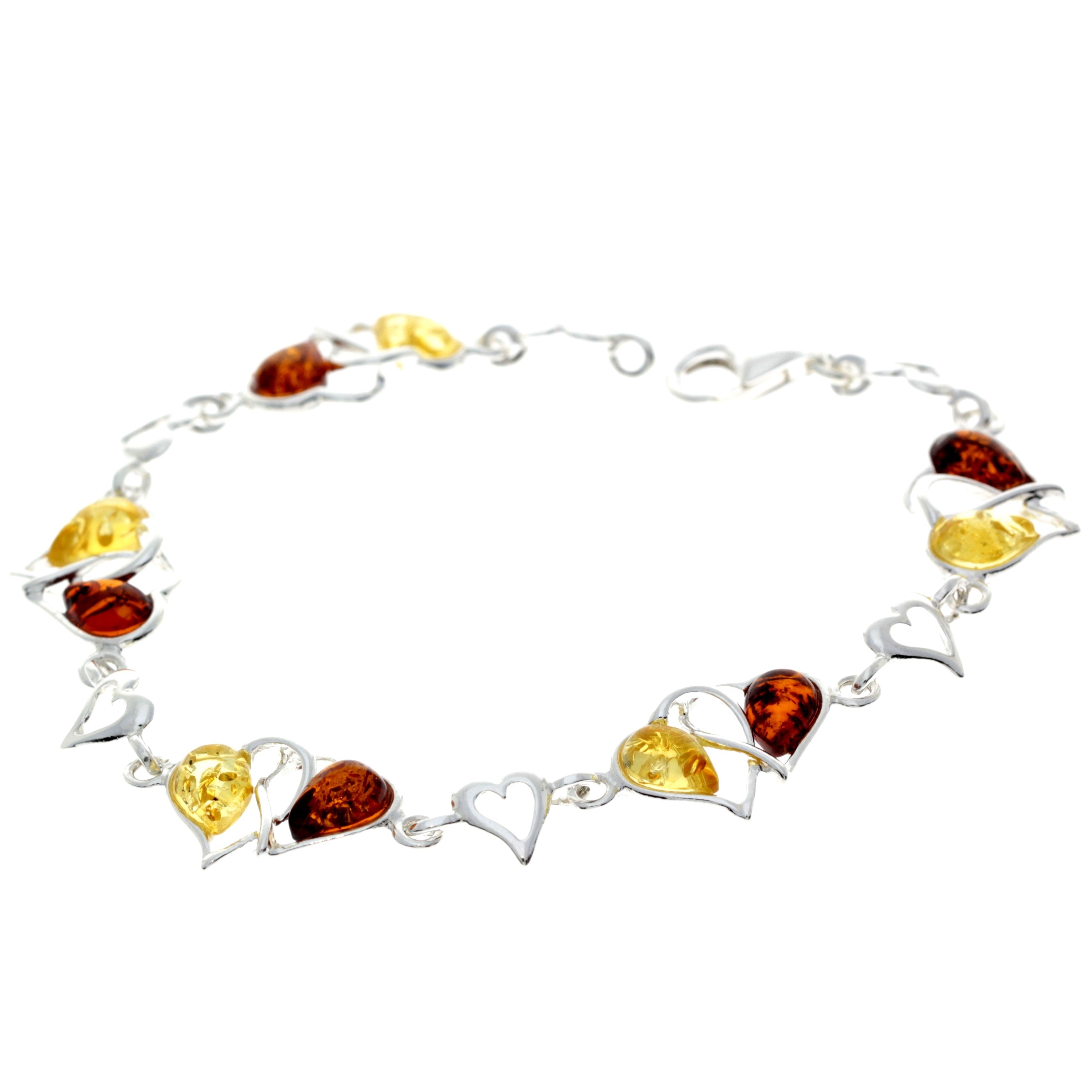 925 Sterling Silver & Genuine Baltic Amber Double Hearts Link Bracelet - GL550