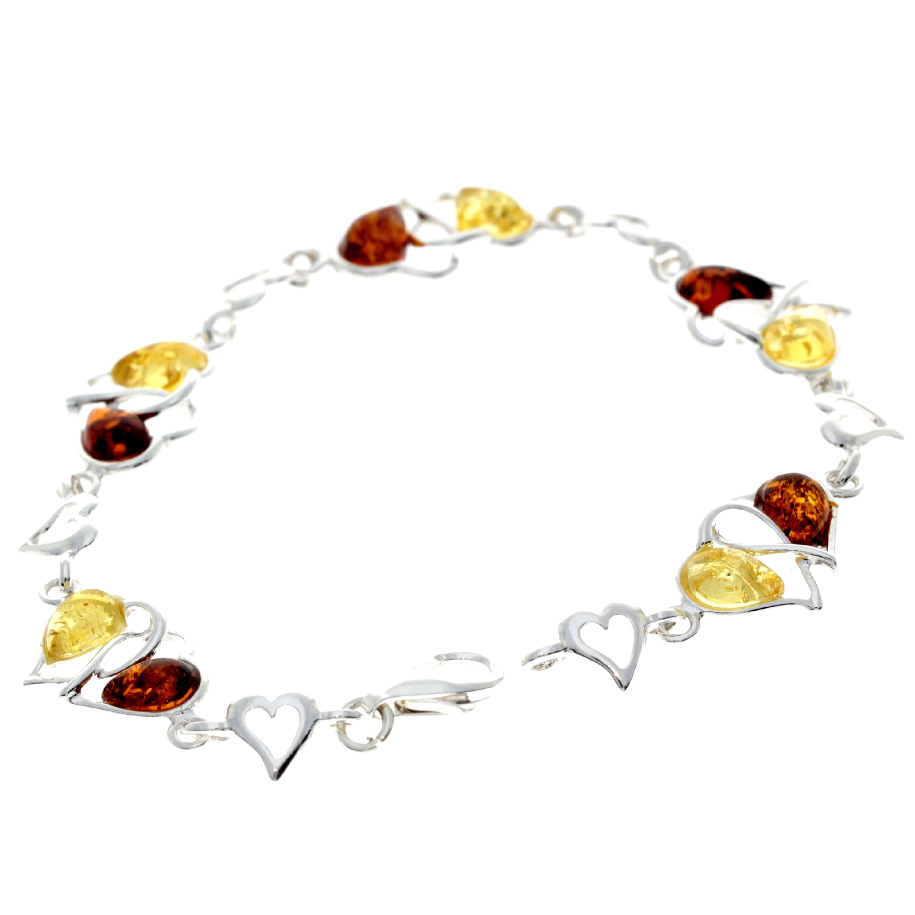 925 Sterling Silver & Genuine Baltic Amber Double Hearts Link Bracelet - GL550