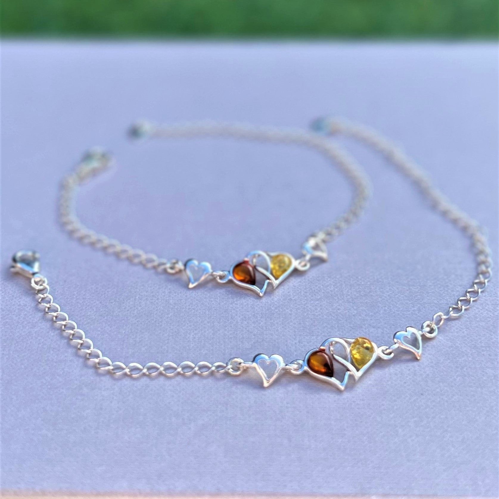 925 Sterling Silver & Genuine Baltic Amber Double Hearts Adjustable Bracelet - GL550S