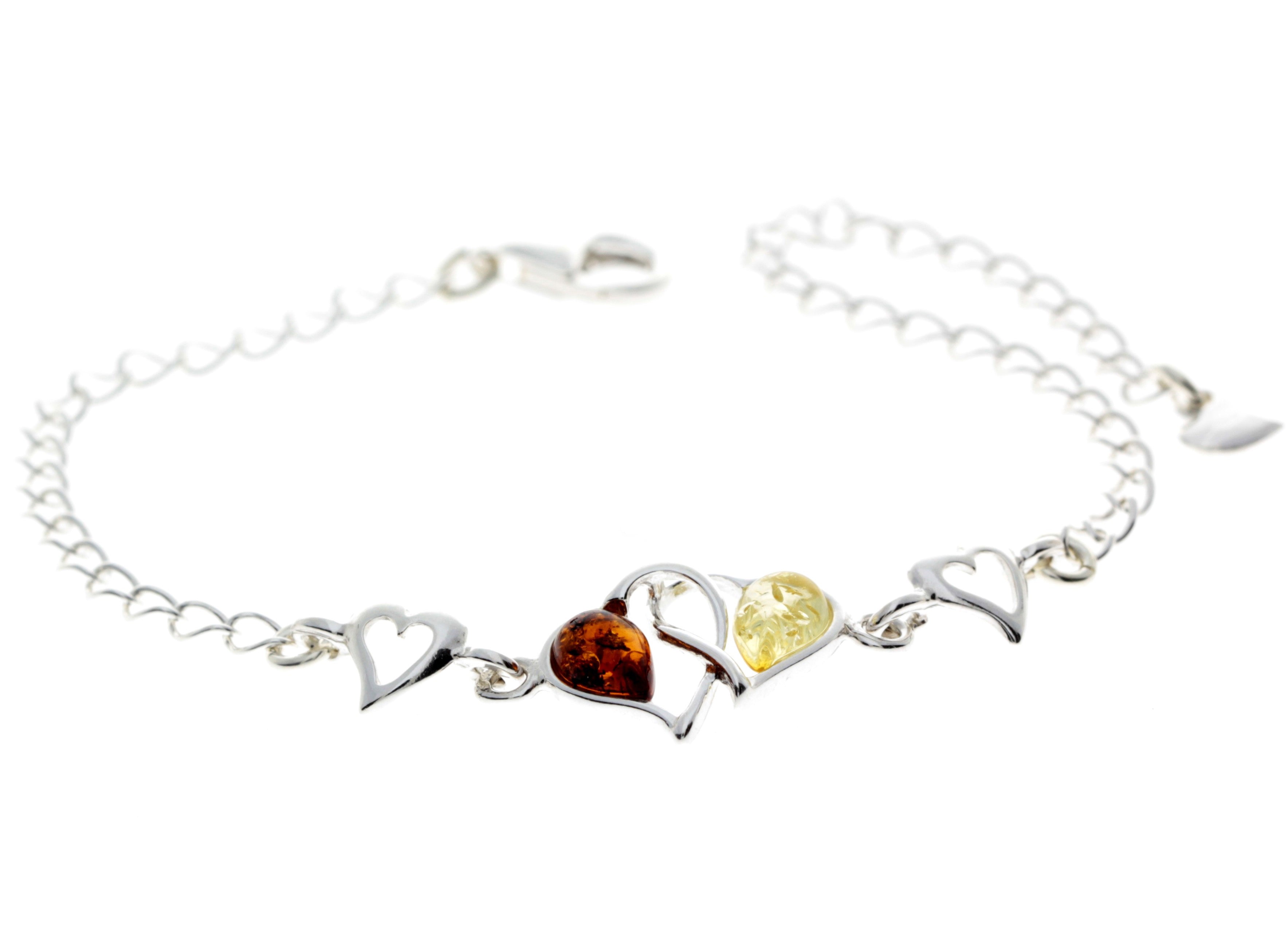 925 Sterling Silver & Genuine Baltic Amber Double Hearts Adjustable Bracelet - GL550S