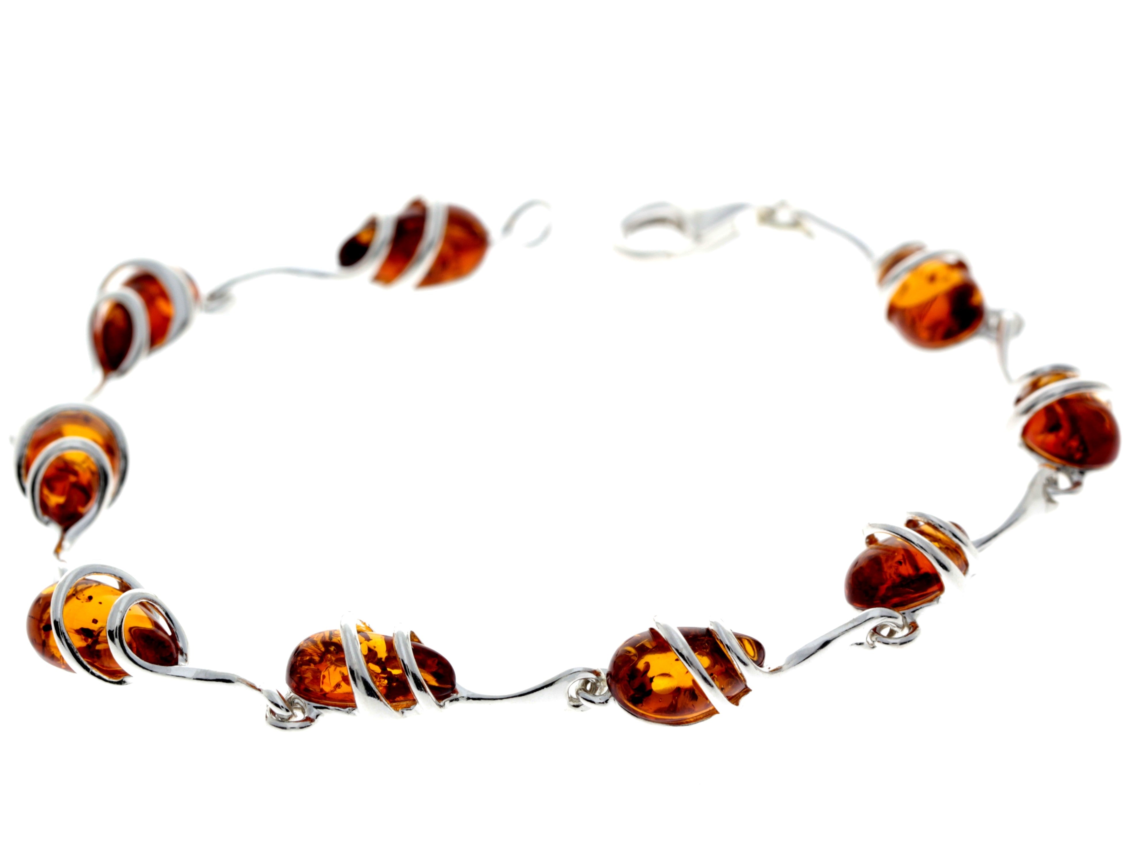 925 Sterling Silver & Genuine Baltic Amber Modern Link Bracelet - GL557