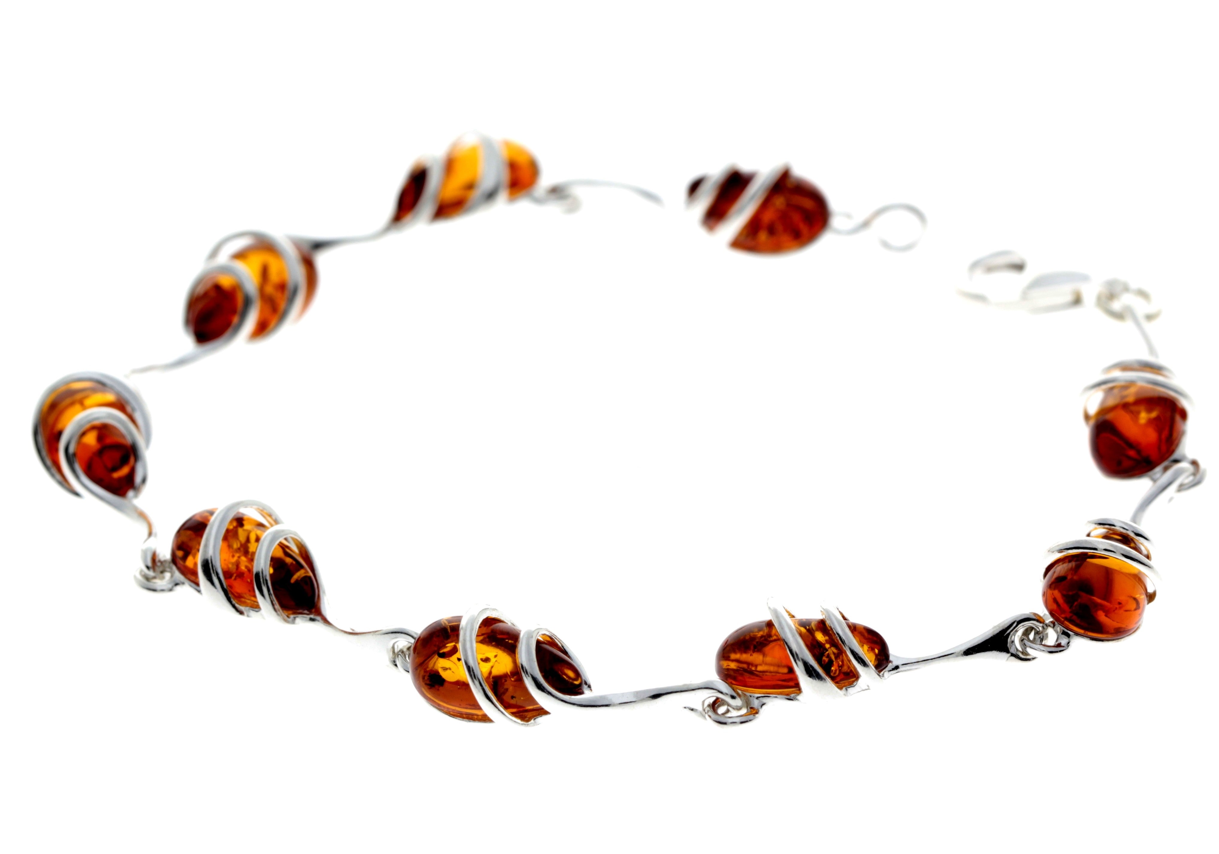 925 Sterling Silver & Genuine Baltic Amber Modern Link Bracelet - GL557