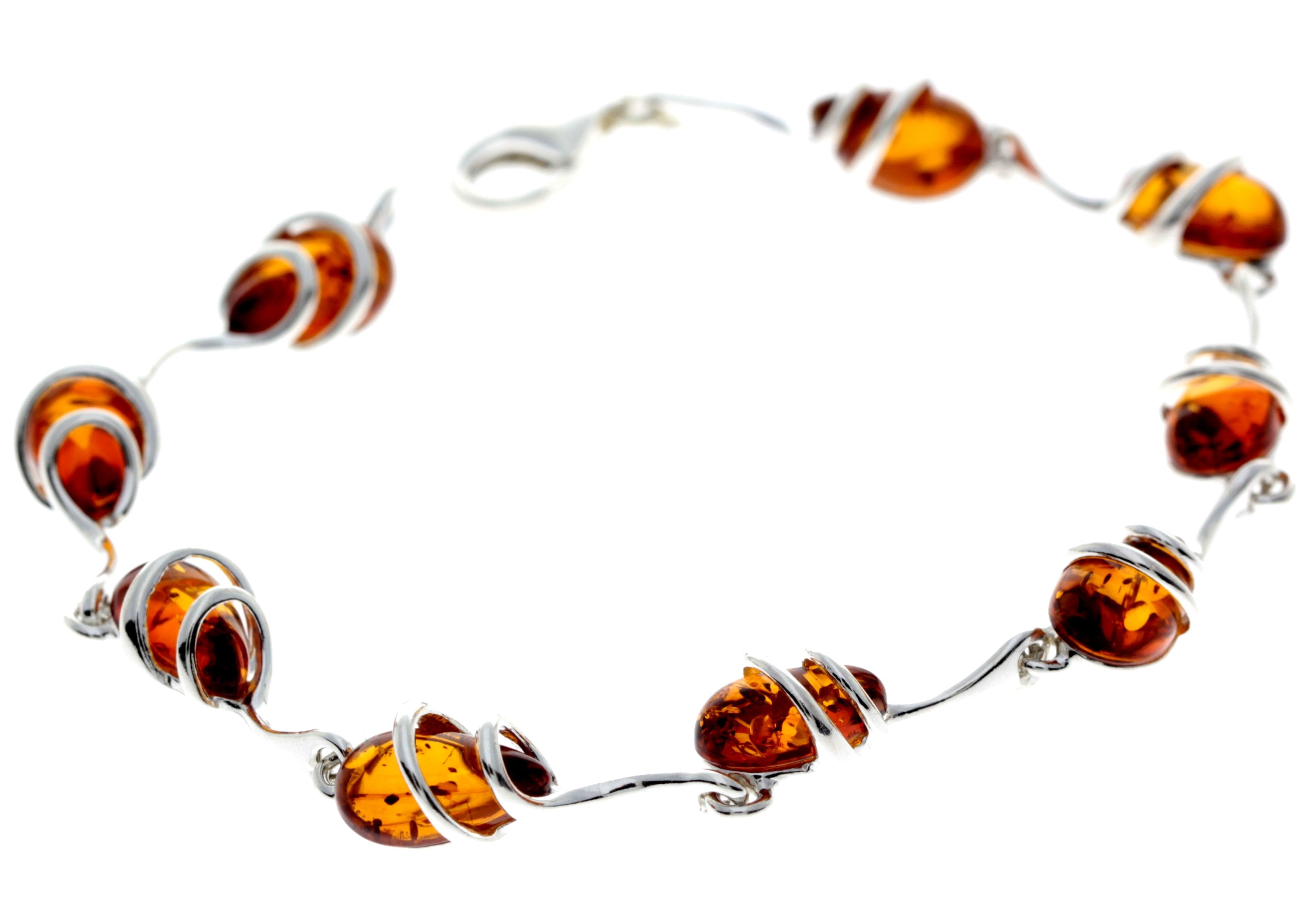 925 Sterling Silver & Genuine Baltic Amber Modern Link Bracelet - GL557