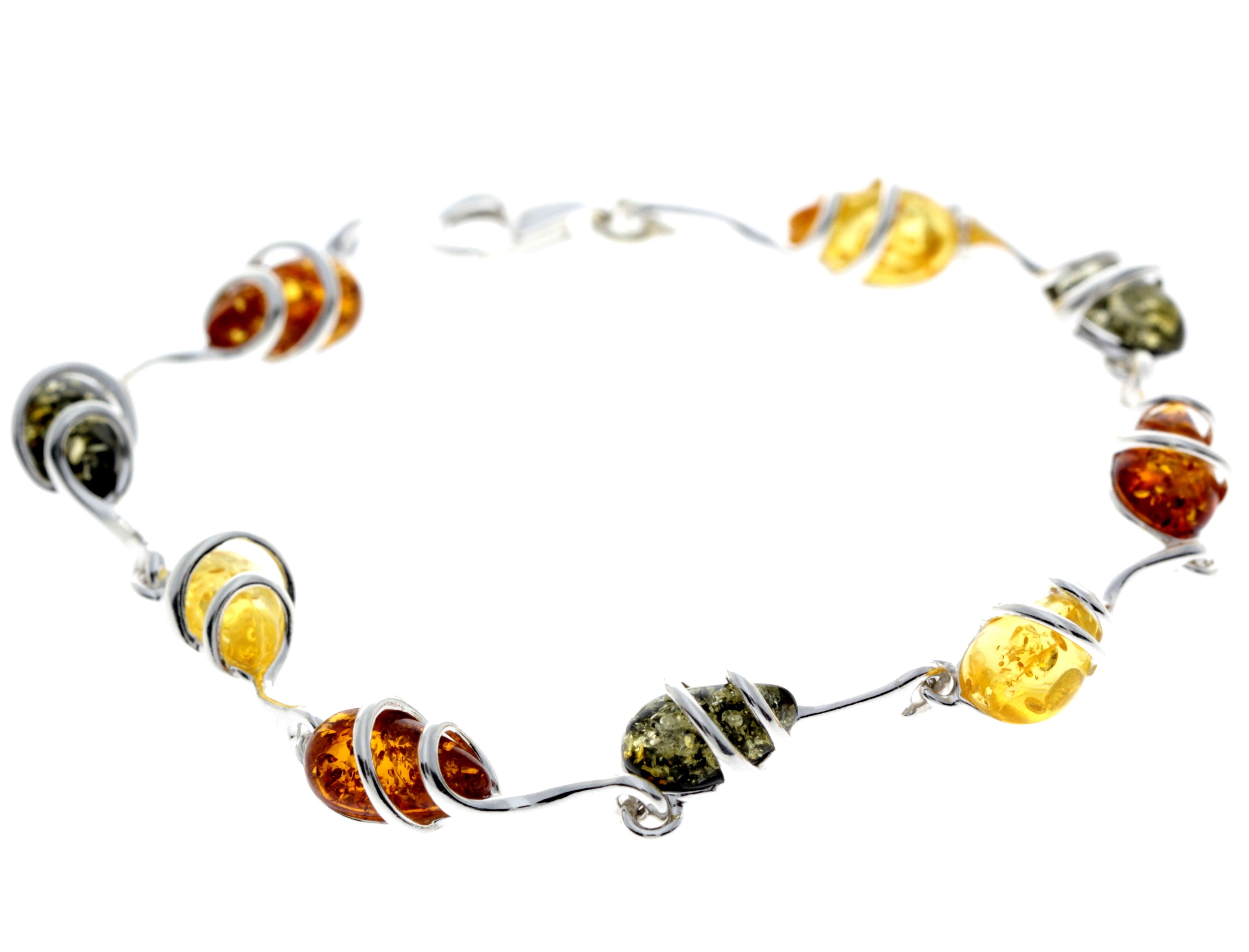 925 Sterling Silver & Genuine Baltic Amber Modern Link Bracelet - GL557