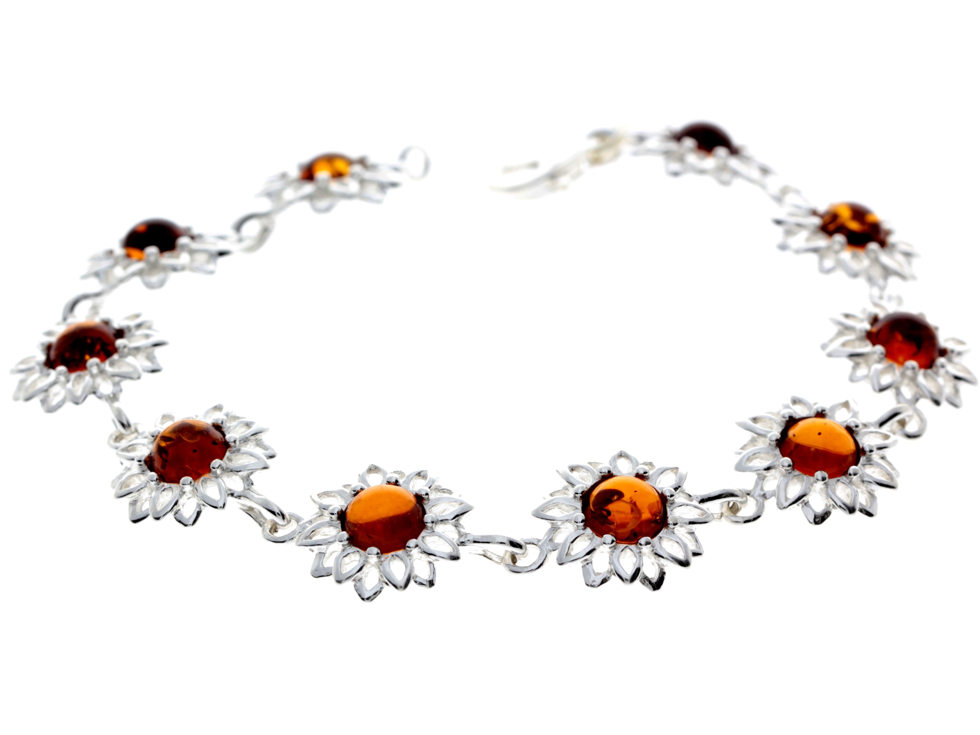 925 Sterling Silver & Genuine Baltic Amber Modern Flowers Link Bracelet - GL558