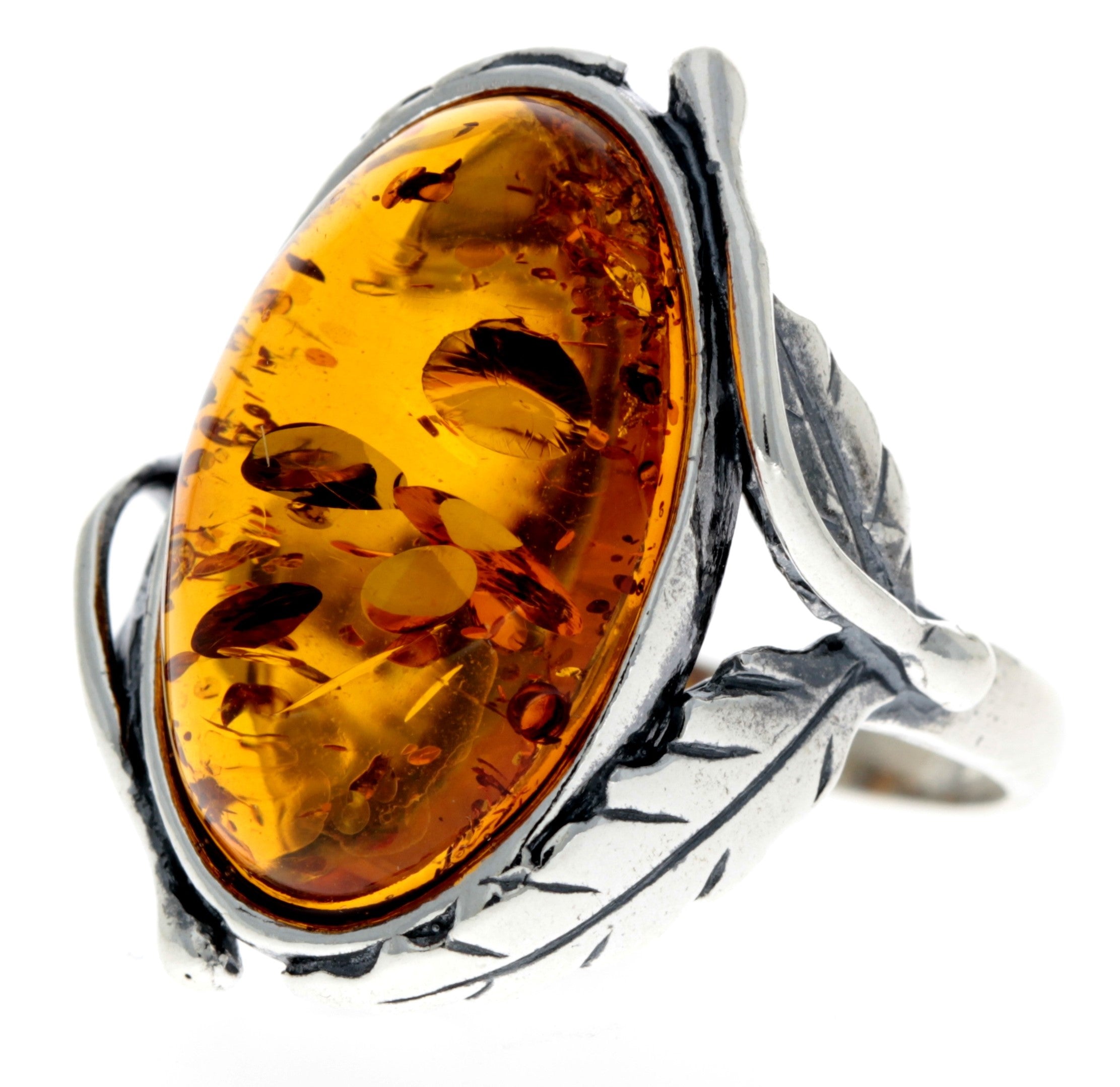 925 Sterling Silver & Baltic Amber Large Classic Art Nouveau Ring - GL719