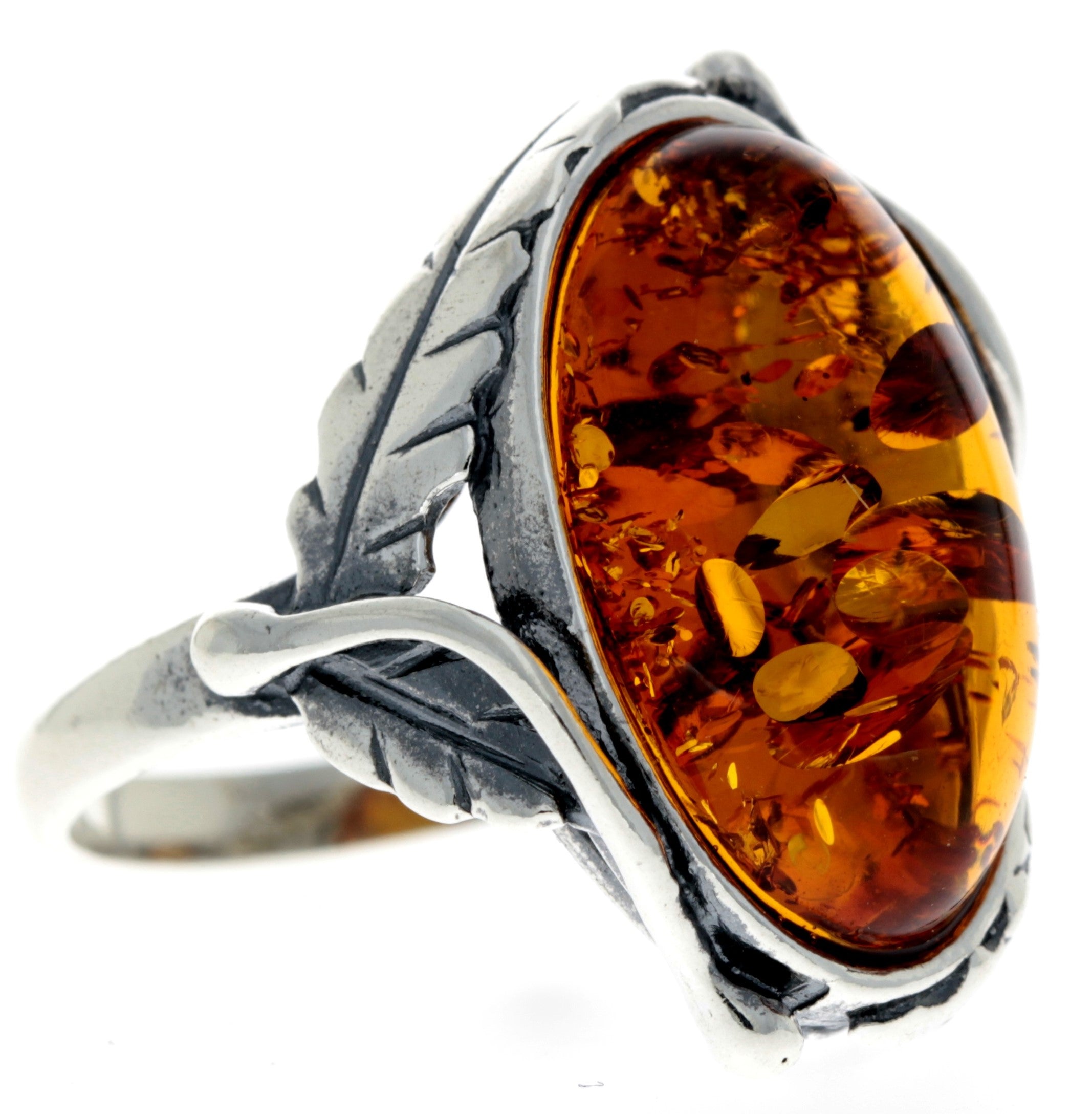 925 Sterling Silver & Baltic Amber Large Classic Art Nouveau Ring - GL719