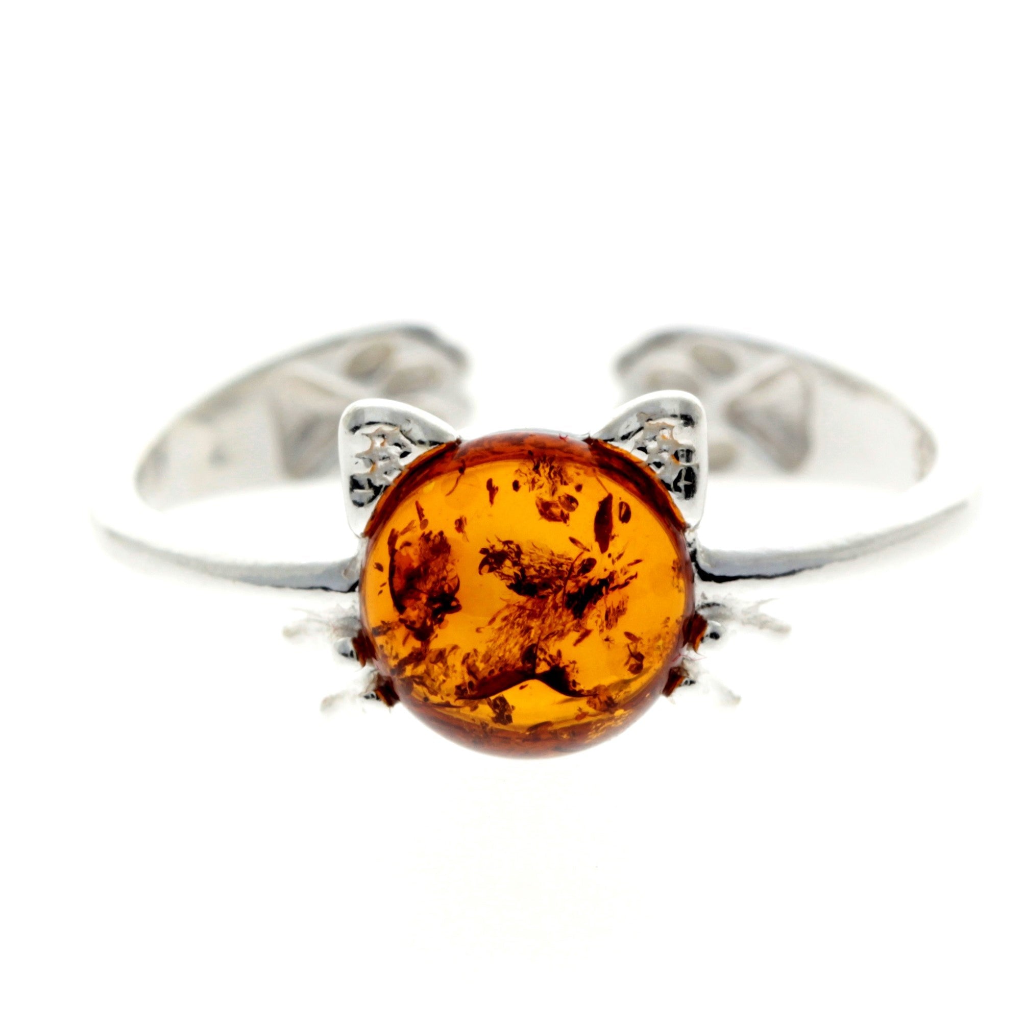 925 Sterling Silver & Genuine Baltic Amber Cat Adjustable Ring - GL739