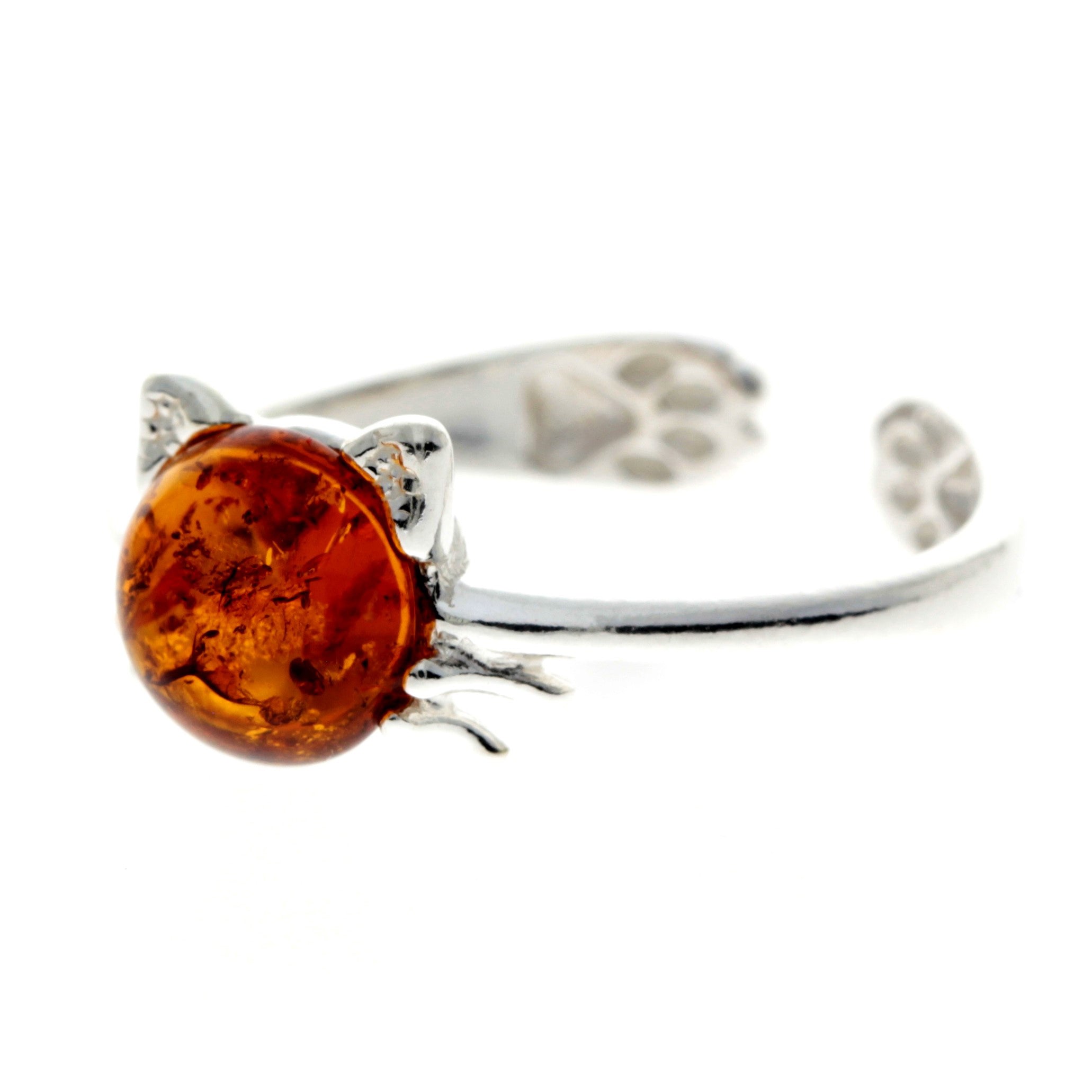 925 Sterling Silver & Genuine Baltic Amber Cat Adjustable Ring - GL739