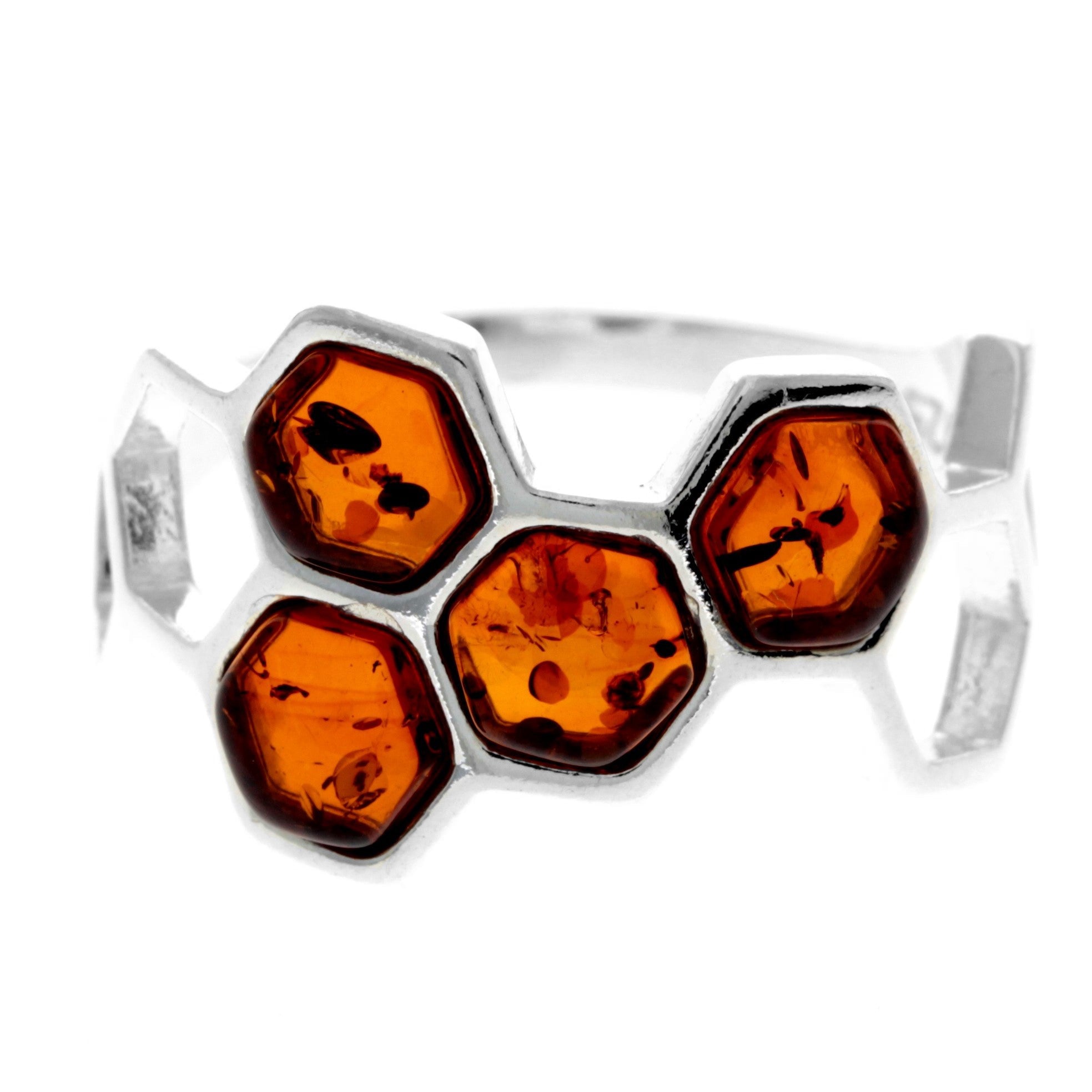 925 Sterling Silver & Genuine Baltic Amber Modern Honeycombs Designer Ring - GL741