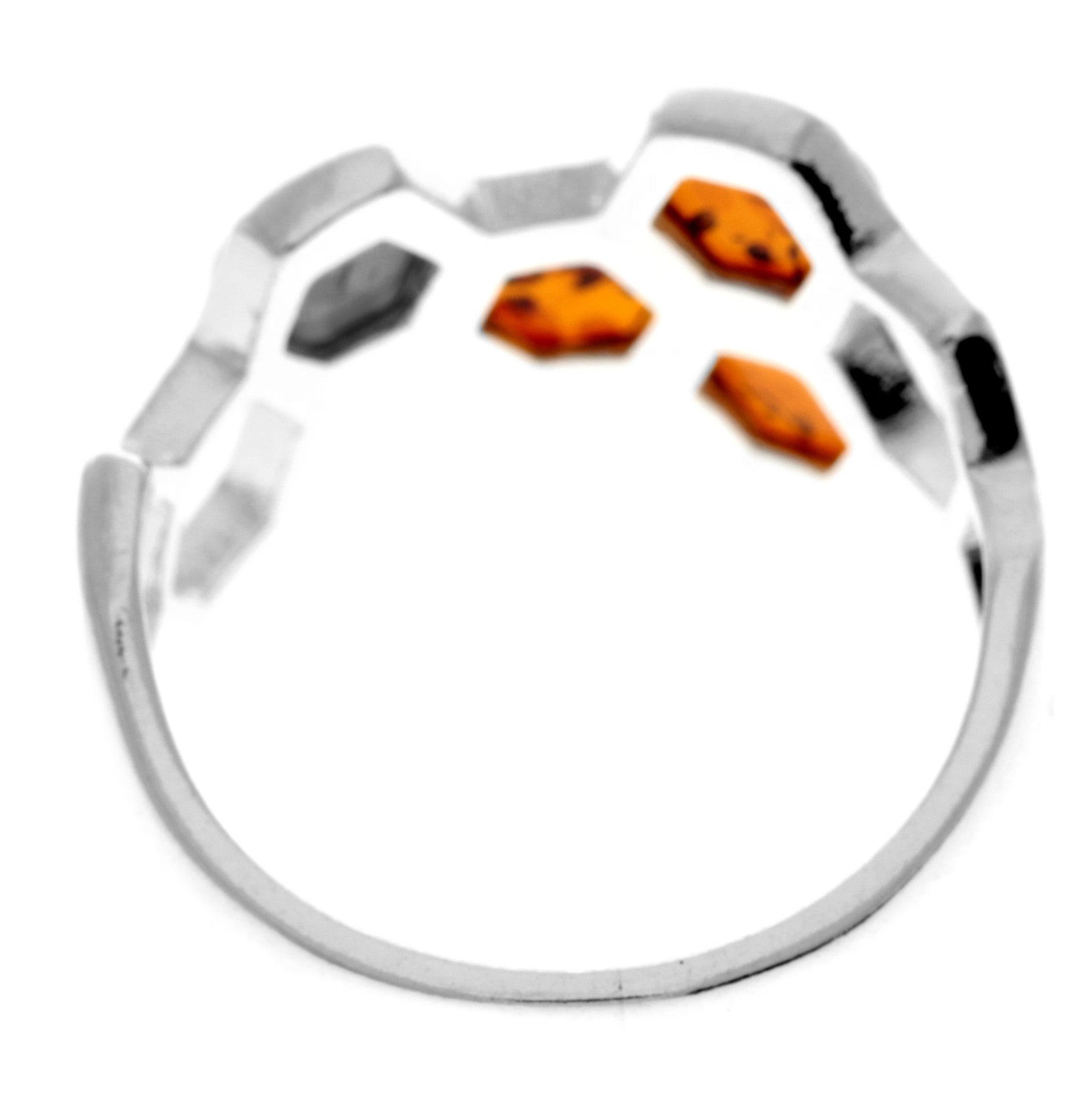 925 Sterling Silver & Genuine Baltic Amber Modern Honeycombs Designer Ring - GL741