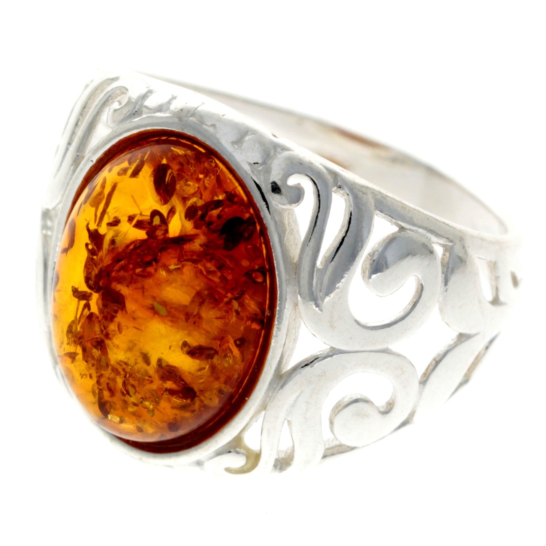 925 Sterling Silver & Genuine Oval Baltic Amber Celtic Large Ring - GL742