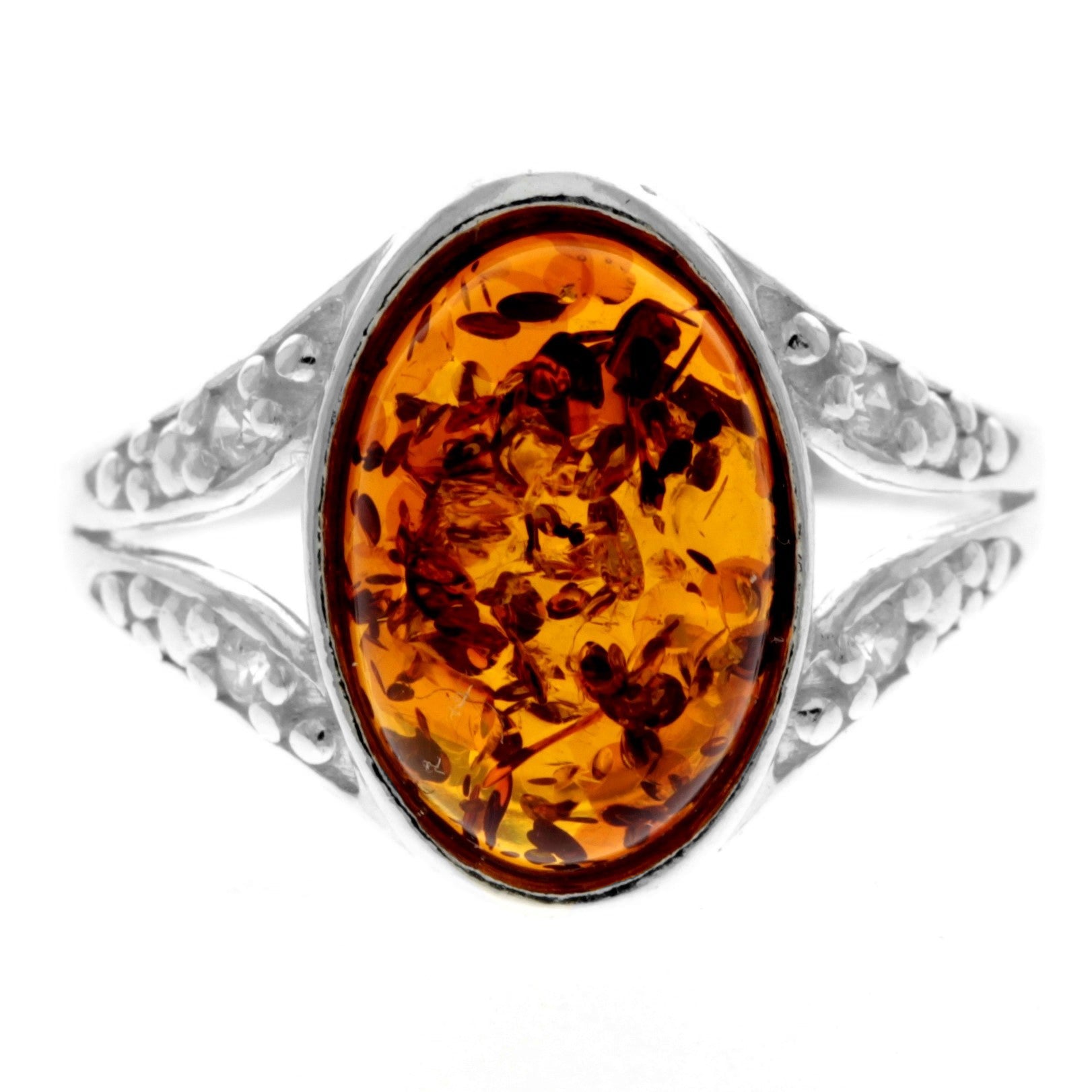 925 Sterling Silver & Genuine Oval Baltic Amber Classic Ring with Cubic Zirconia - GL743