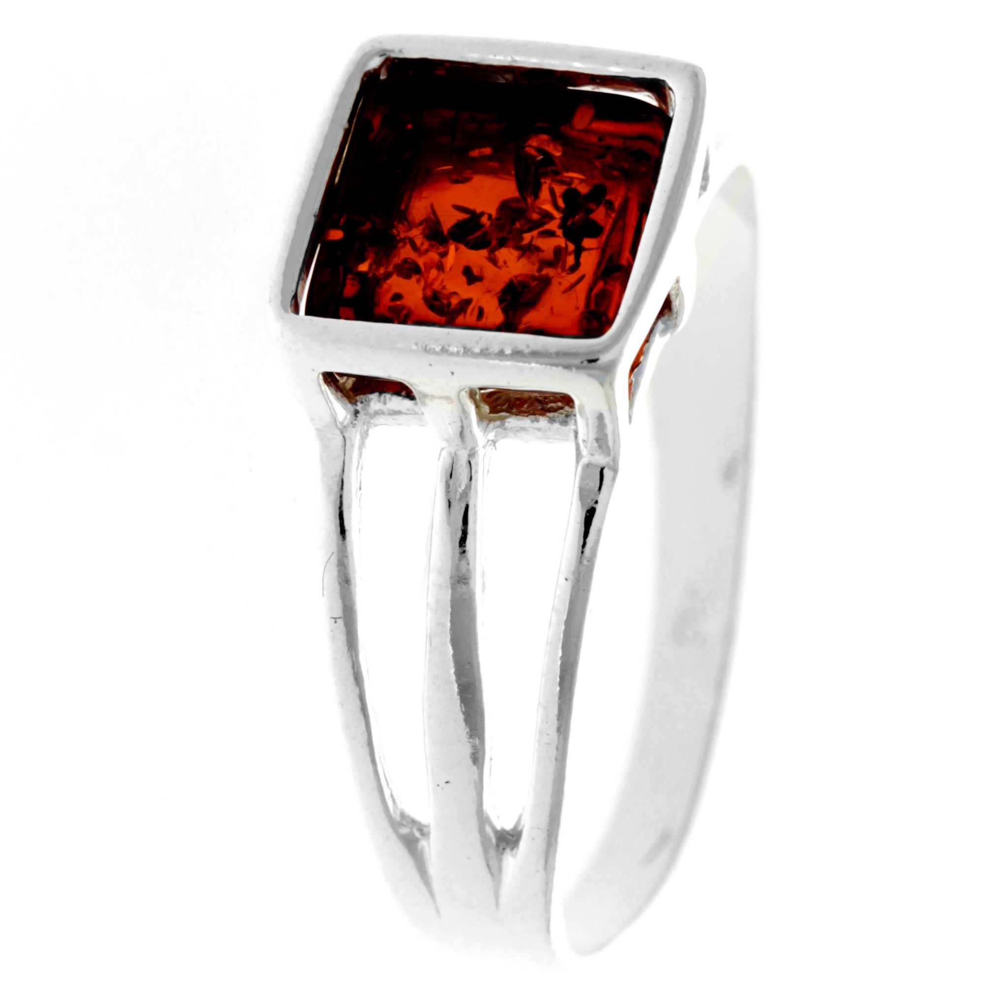 925 Sterling Silver & Genuine Baltic Amber Square Modern Ring - GL746