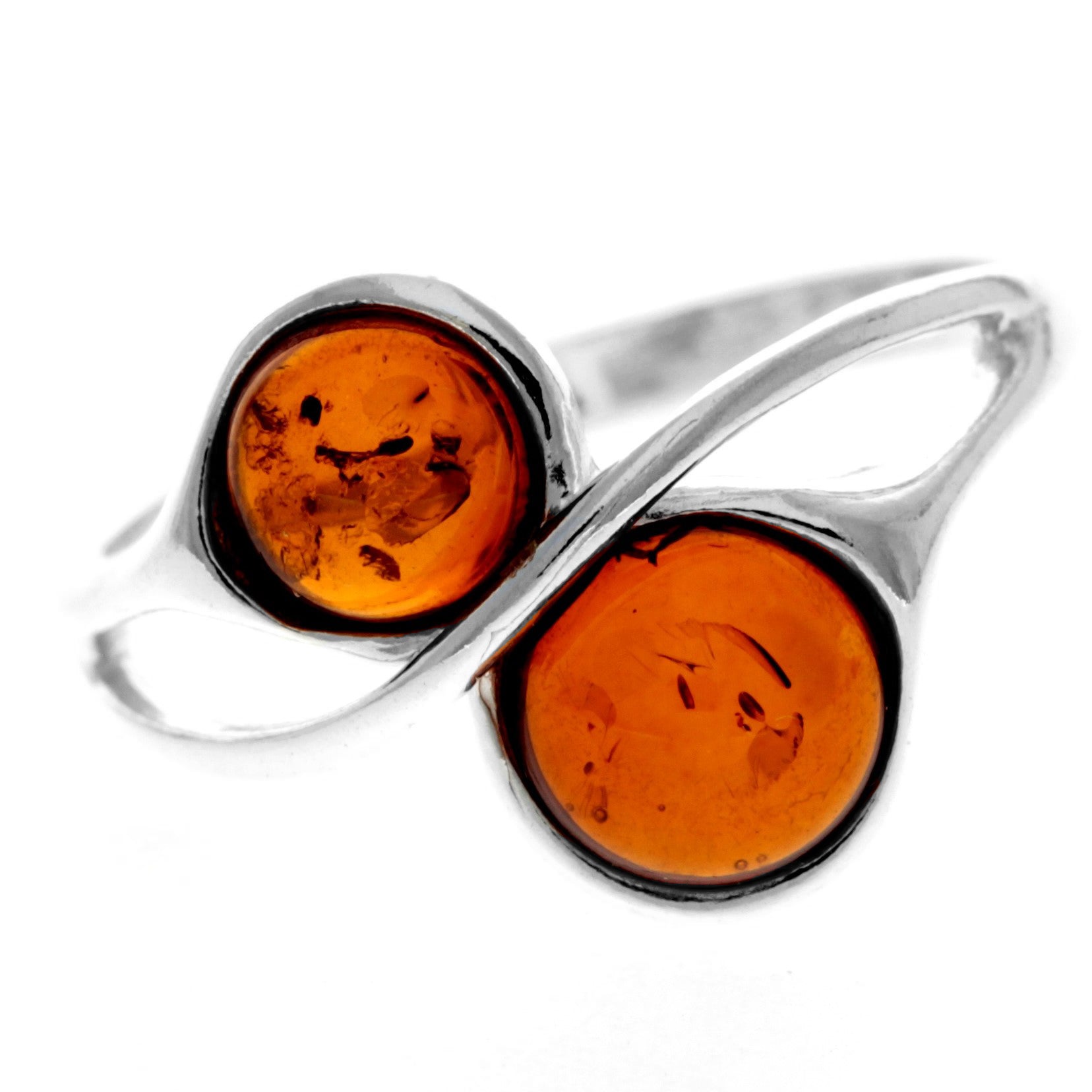 925 Sterling Silver & Genuine Baltic Amber 2 Stones Classic Ring - GL749