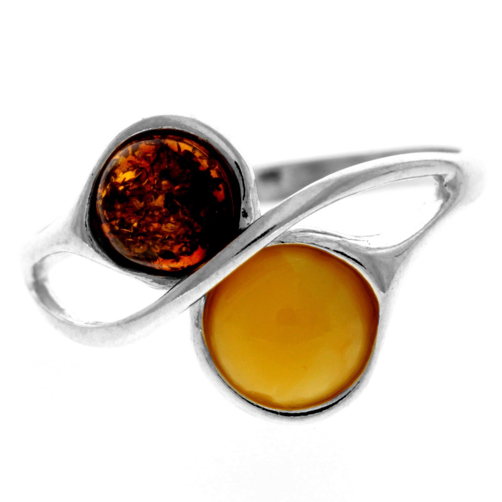 925 Sterling Silver & Genuine Baltic Amber 2 Stones Classic Ring - GL749