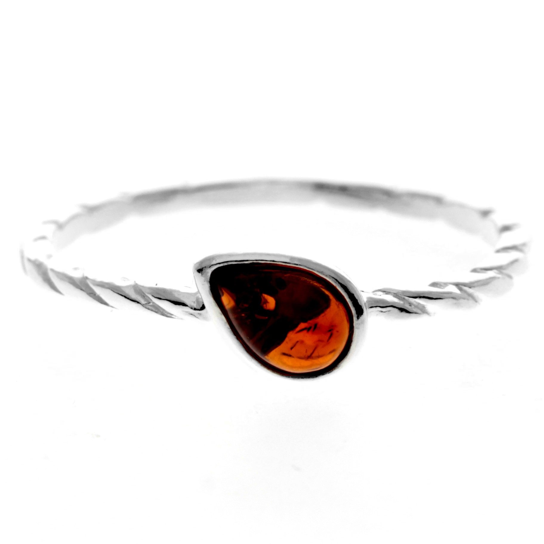 925 Sterling Silver & Genuine Baltic Amber Modern Teardrop Ring - GL752