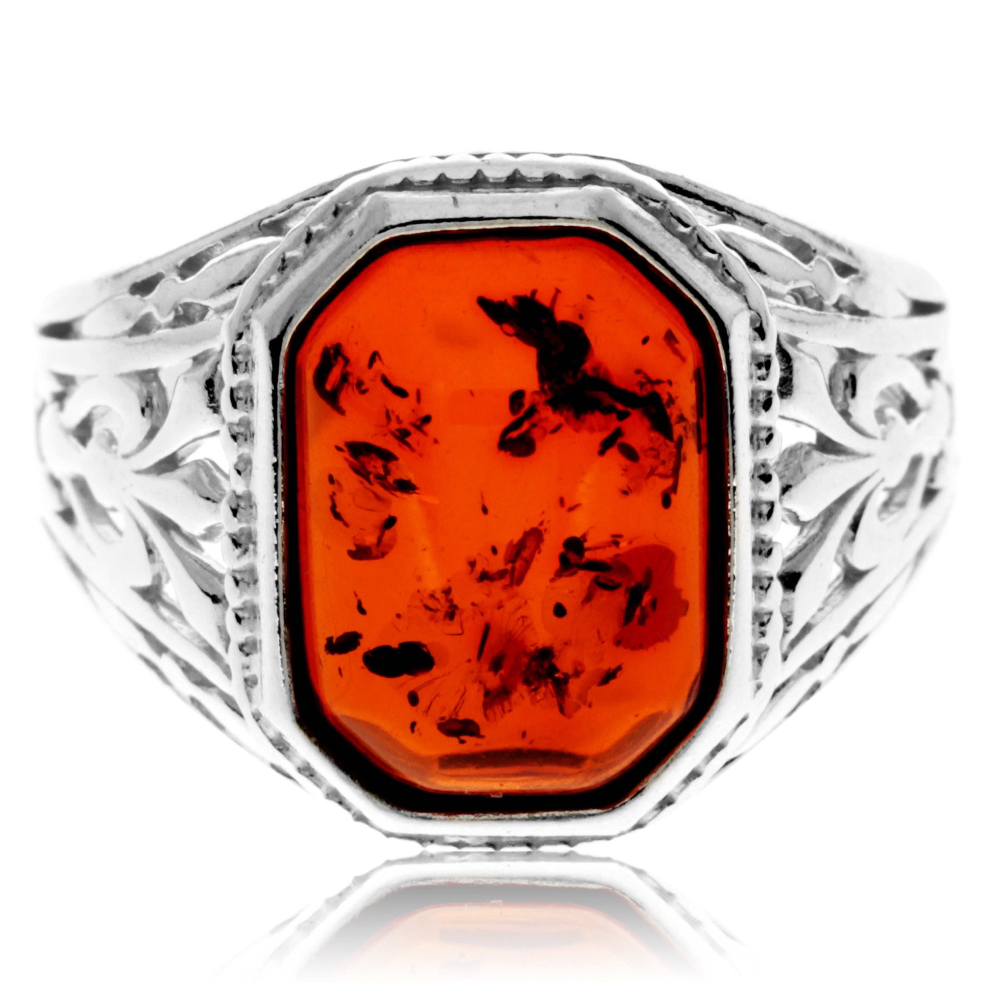 925 Sterling Silver & Genuine Baltic Amber Celtic Large Signet Ring - GL755