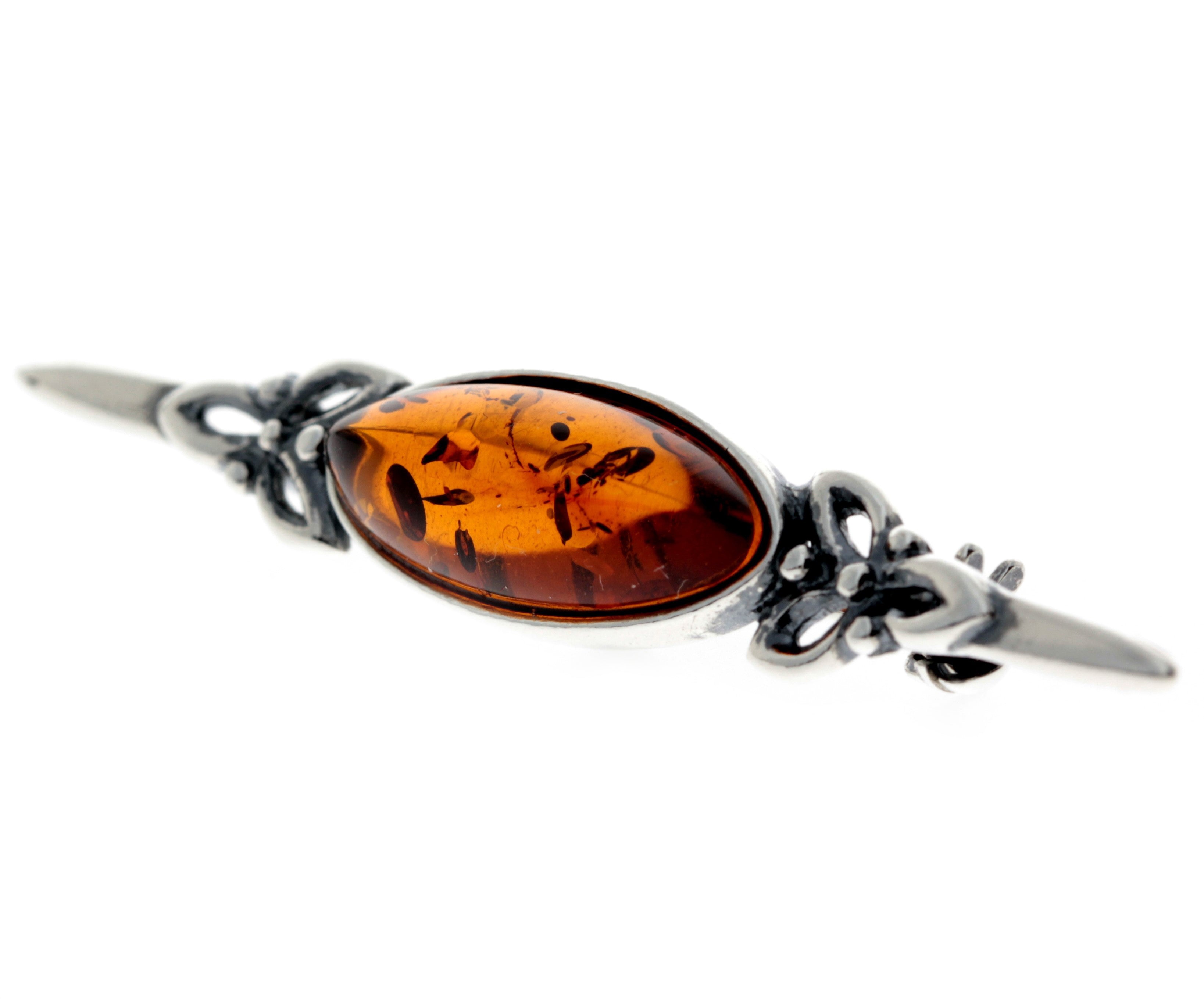 925 Sterling Silver & Genuine Baltic Amber Classic Celtic Brooch - GL804