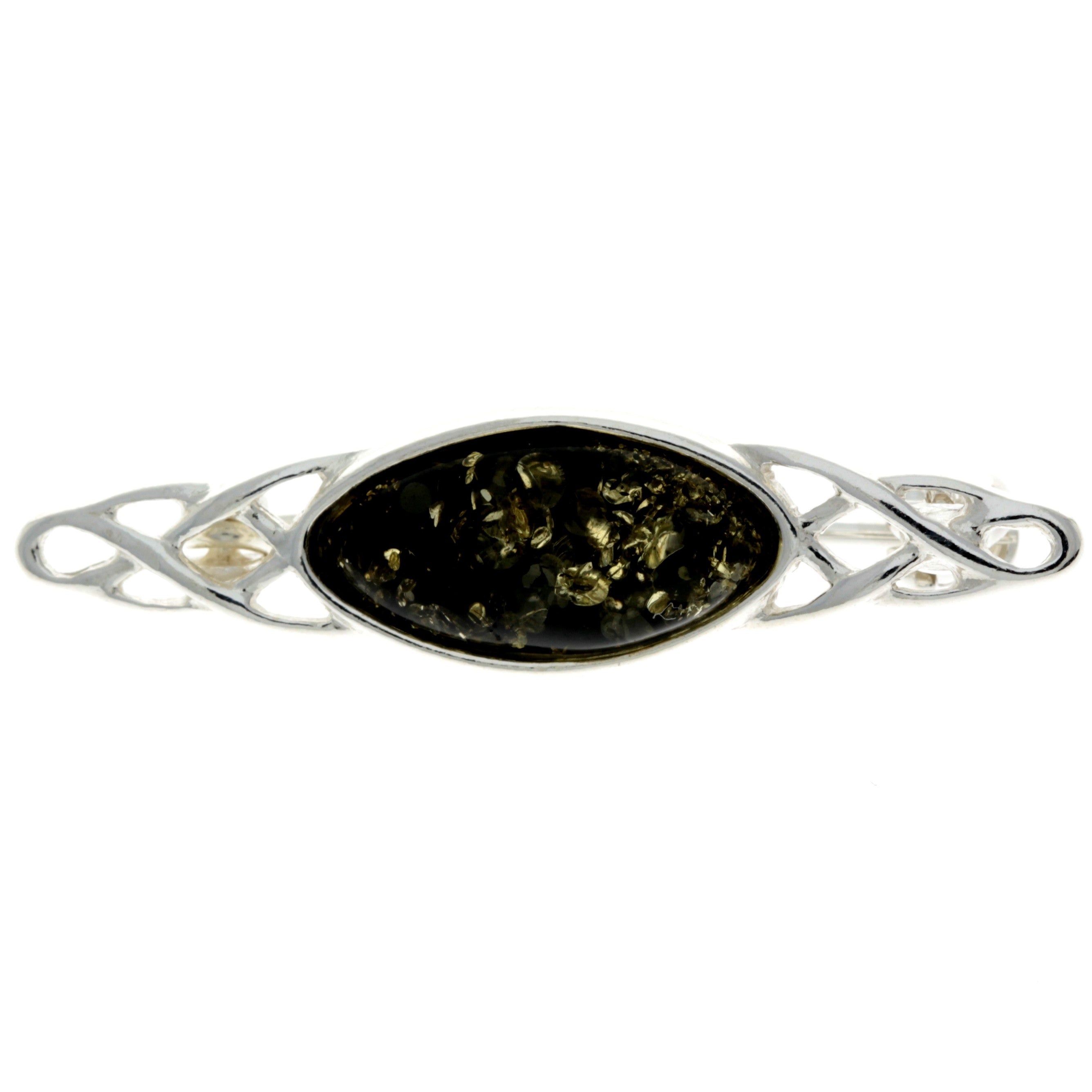 925 Sterling Silver & Genuine Baltic Amber Classic Celtic Brooch - GL808