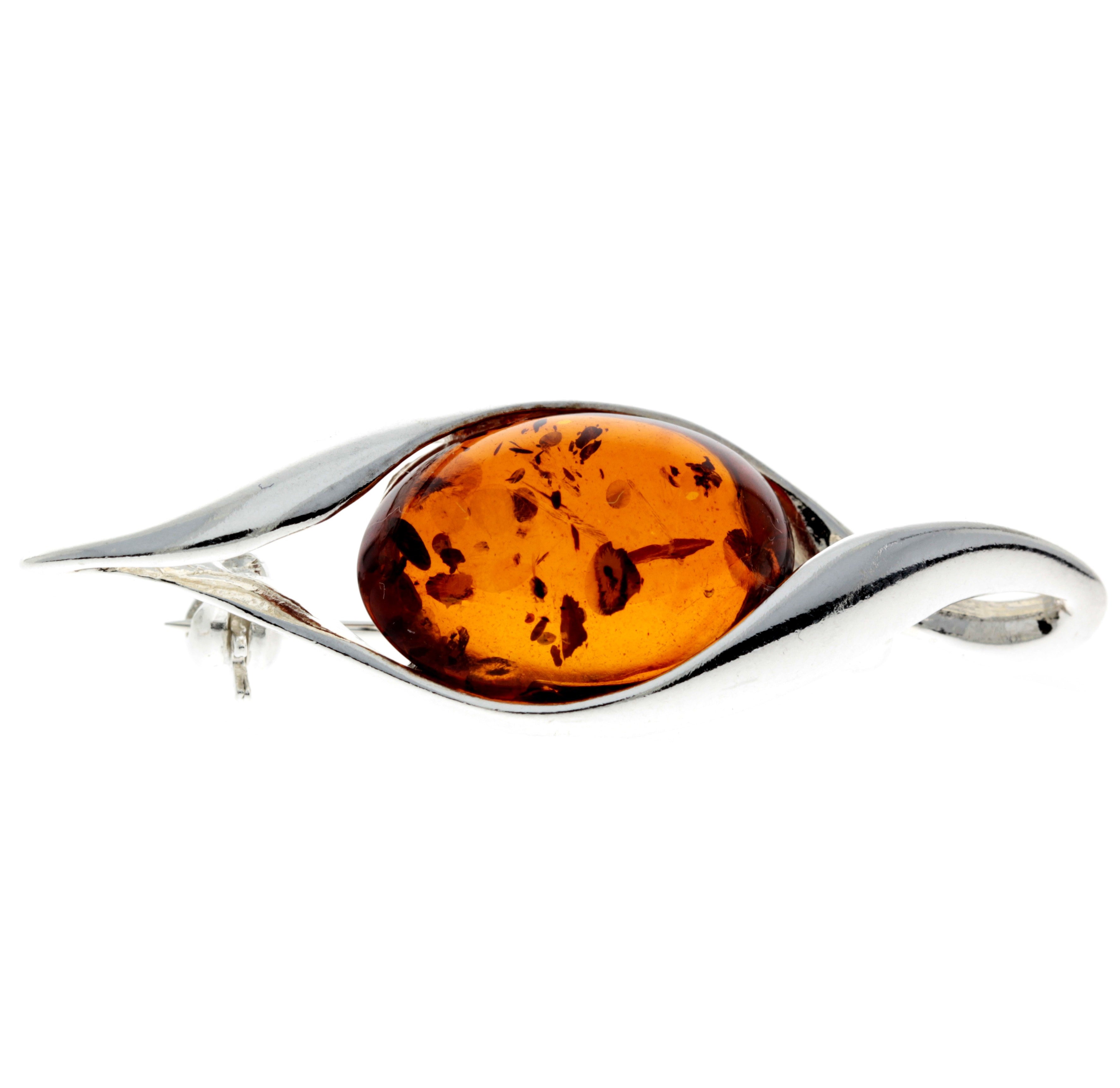 925 Sterling Silver & Genuine Baltic Amber Classic Brooch - GL814