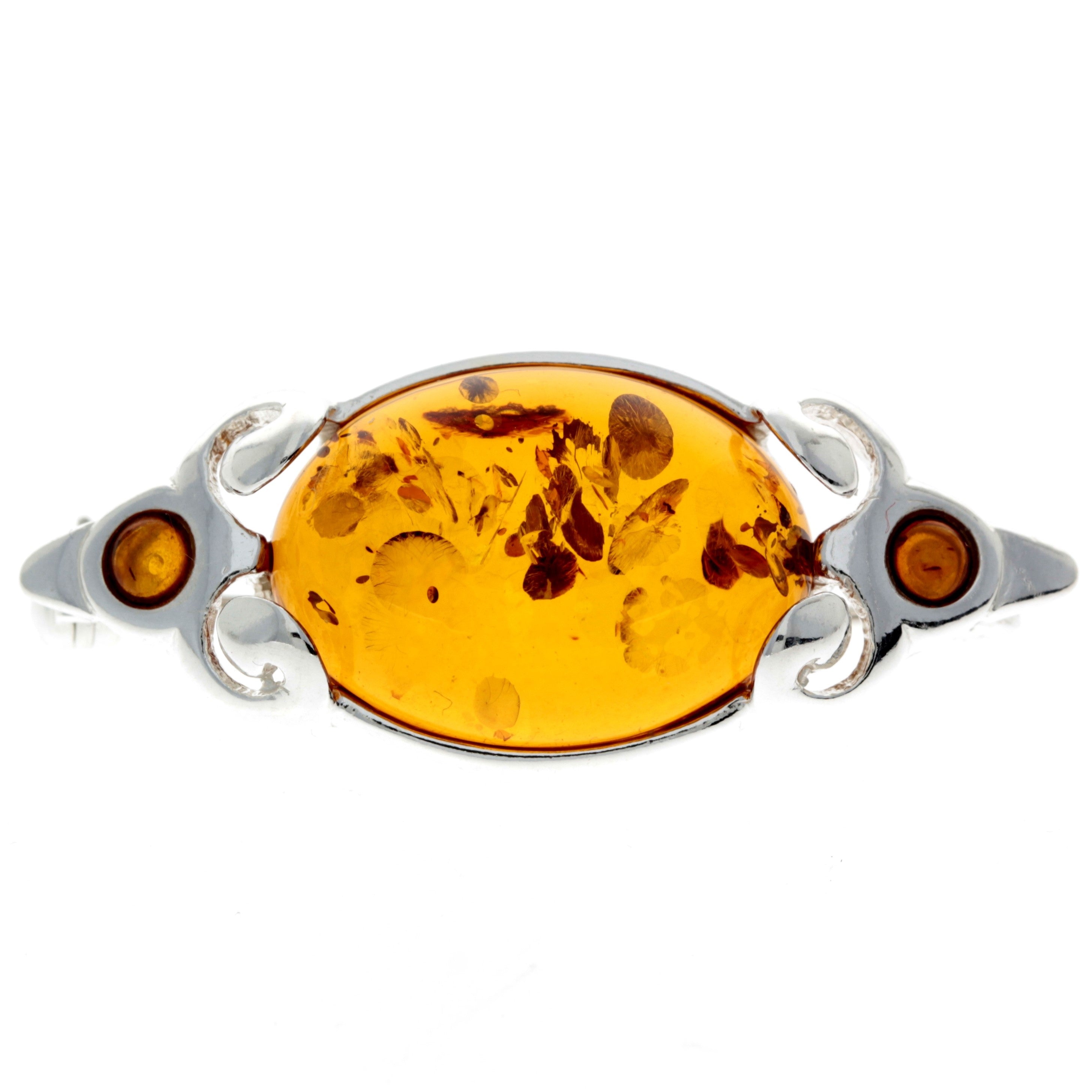 925 Sterling Silver & Genuine Baltic Amber 3 Stones Classic Brooch - GL815