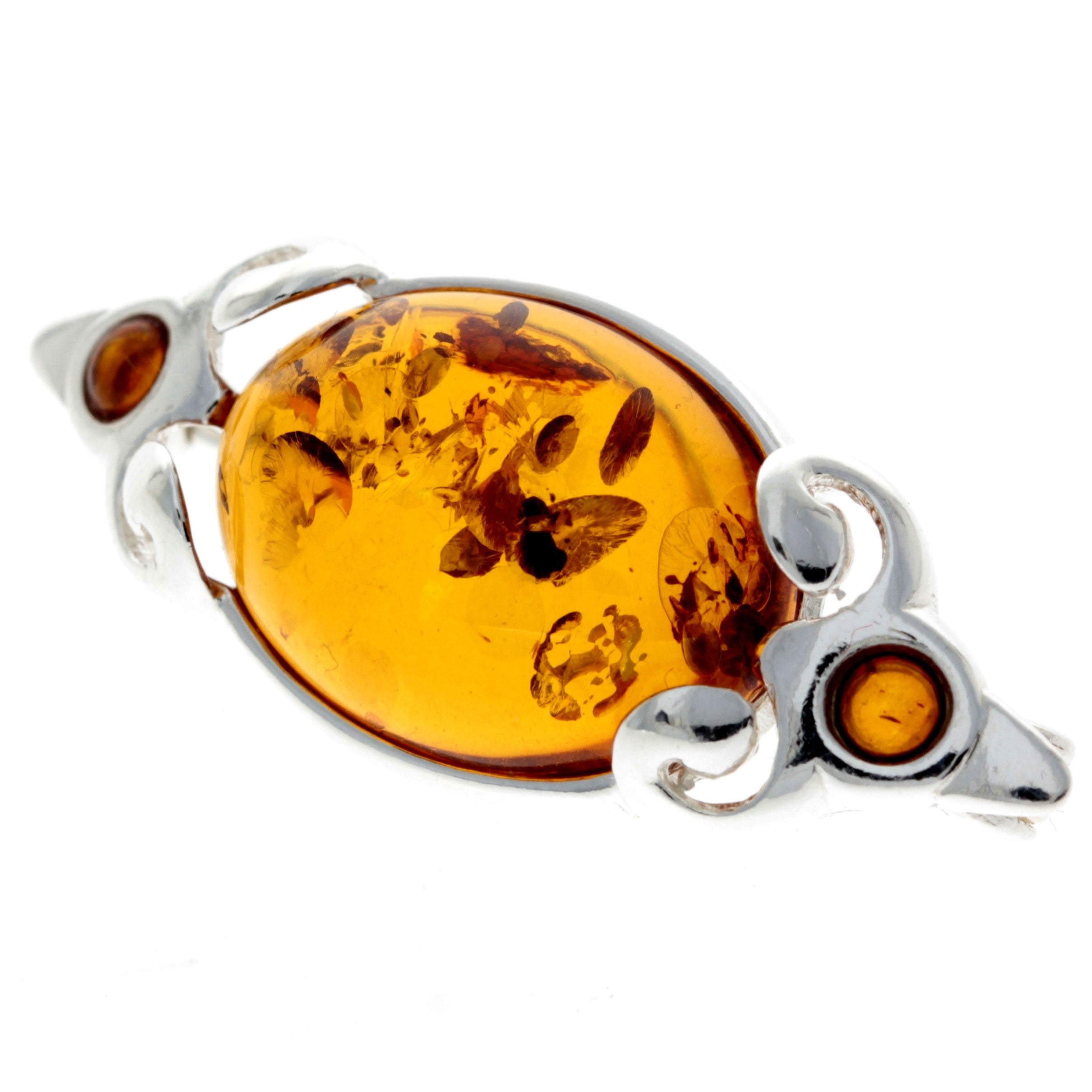 925 Sterling Silver & Genuine Baltic Amber 3 Stones Classic Brooch - GL815