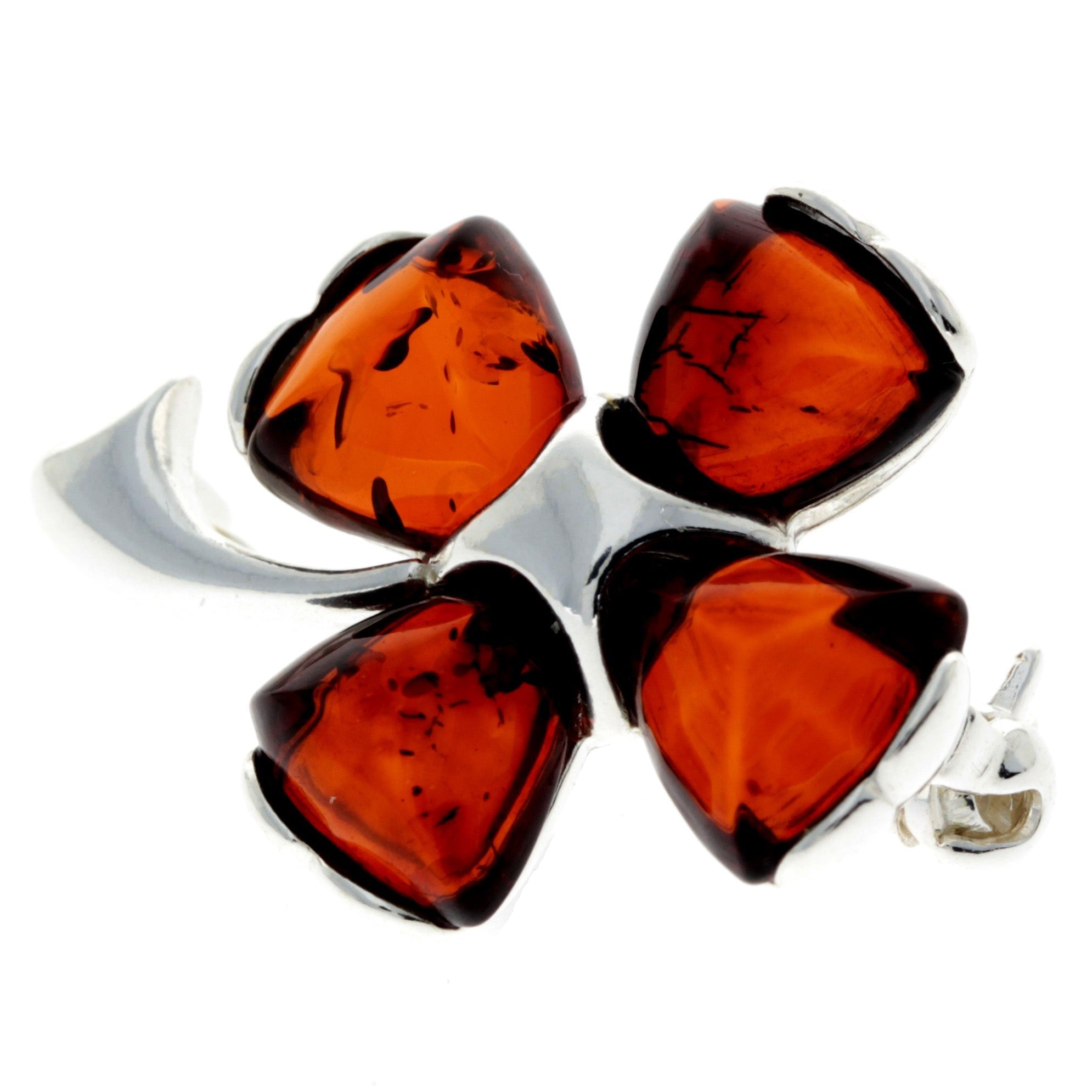 925 Sterling Silver & Genuine Baltic Amber Lucky Clover Brooch - GL819