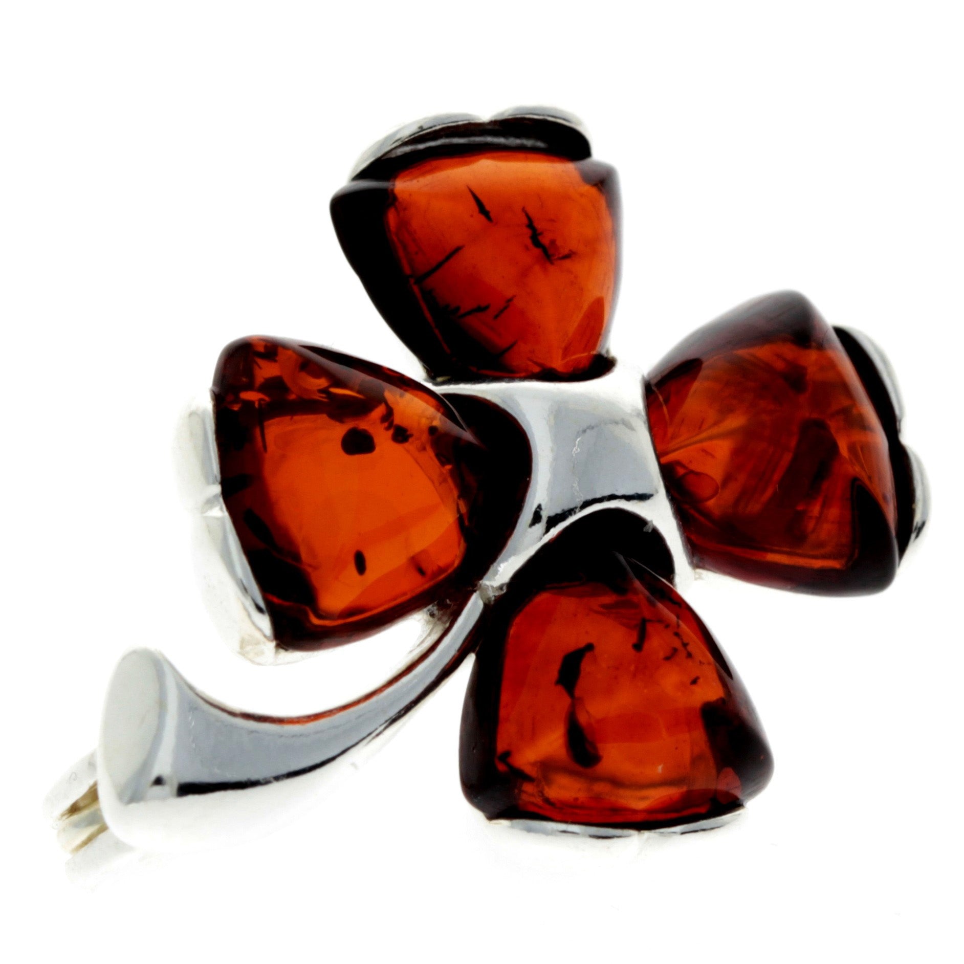 925 Sterling Silver & Genuine Baltic Amber Lucky Clover Brooch - GL819