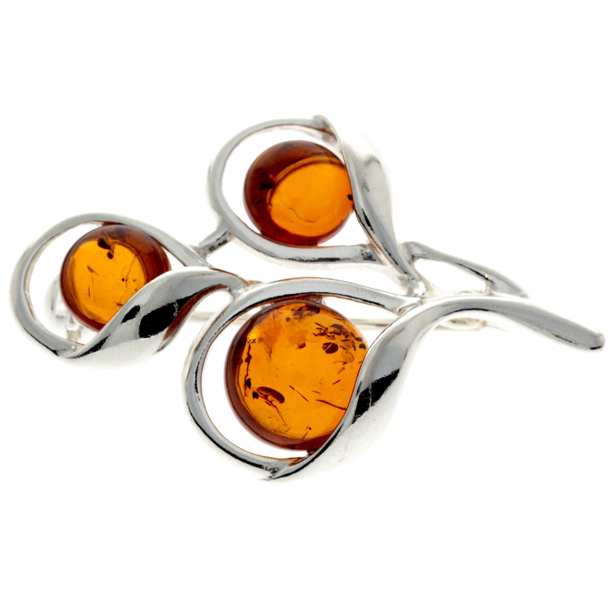 925 Sterling Silver & Genuine Baltic Amber 3 Stones Modern Brooch - GL822